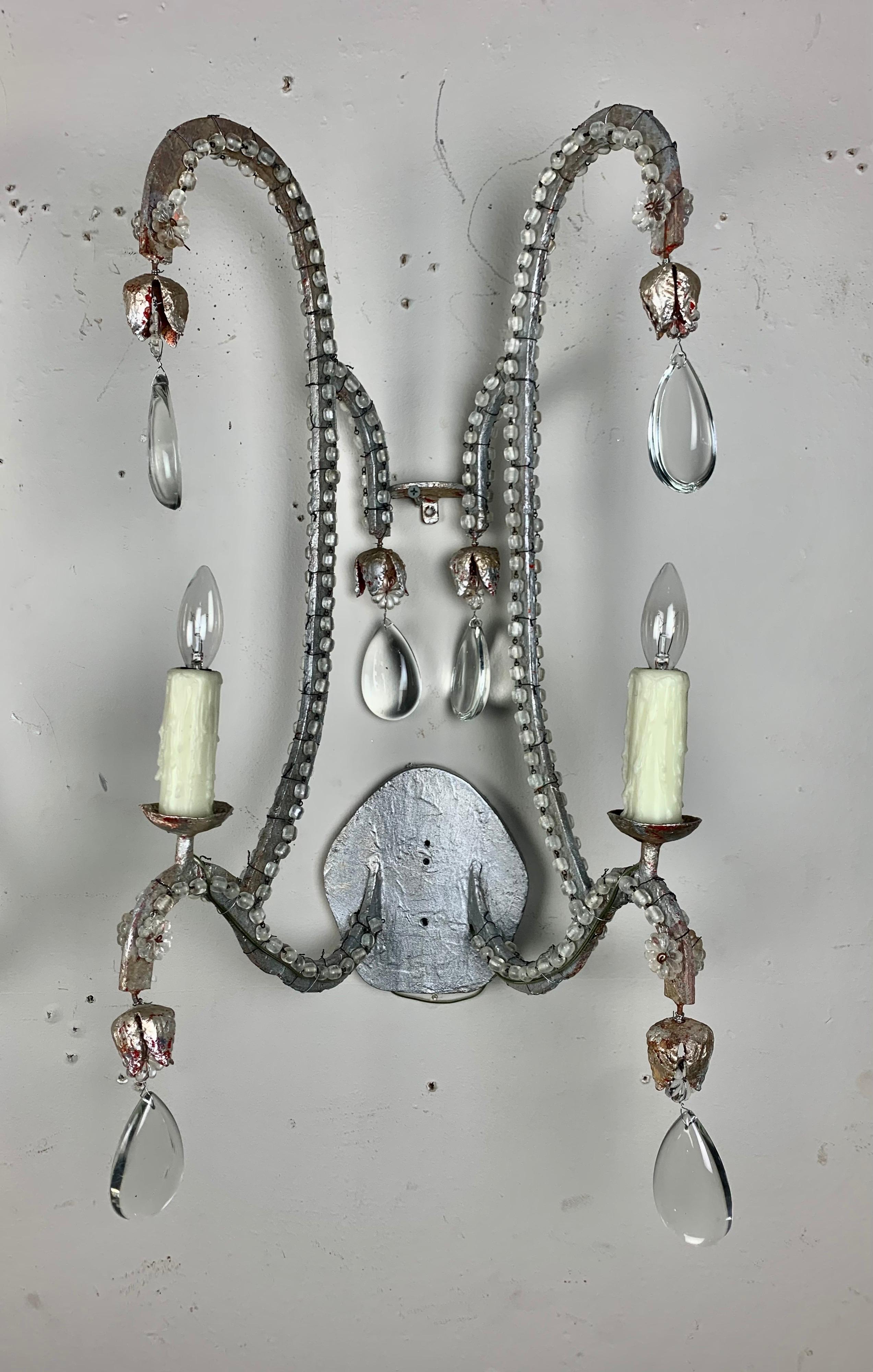 Mid-Century Modern Pair of Silvered 2-Light Crystal Sconces For Sale