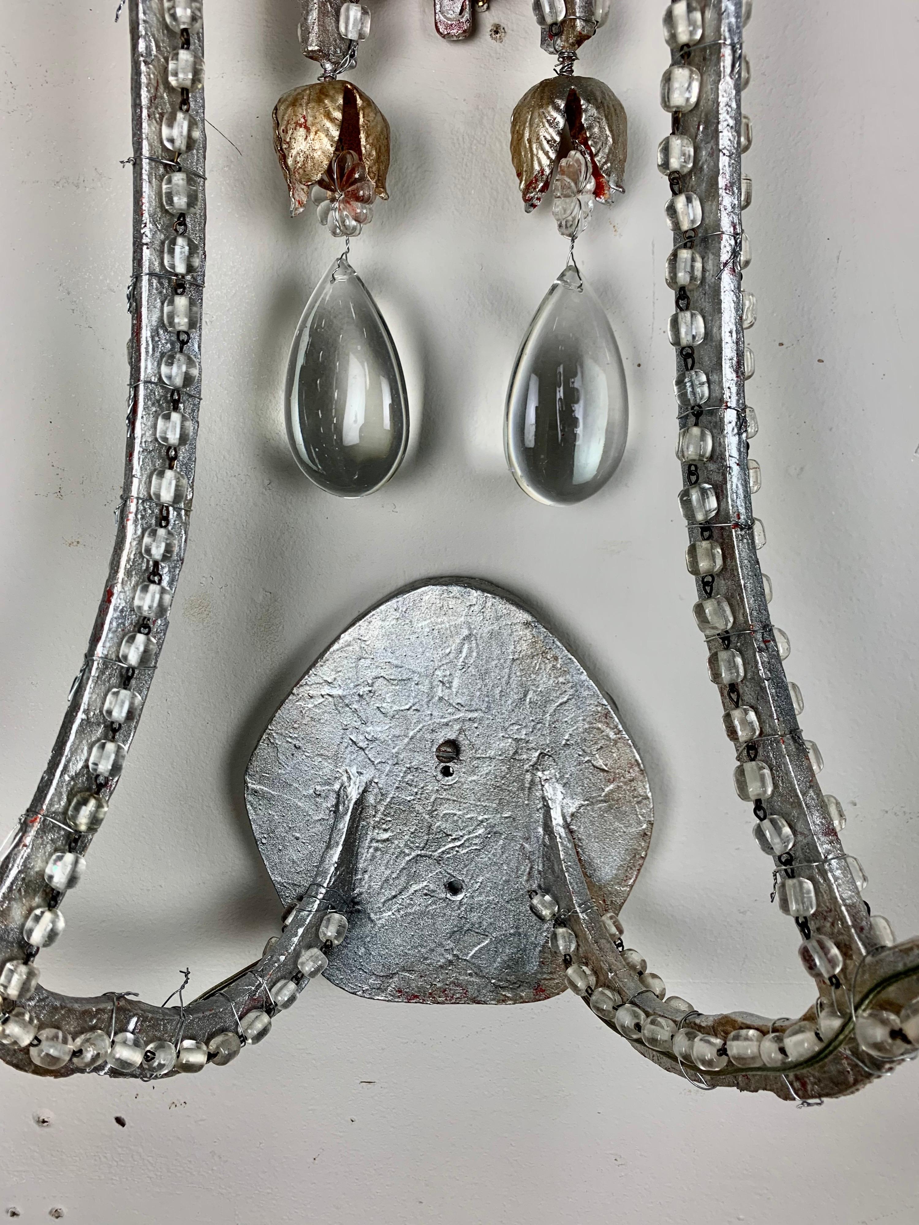 Italian Pair of Silvered 2-Light Crystal Sconces For Sale