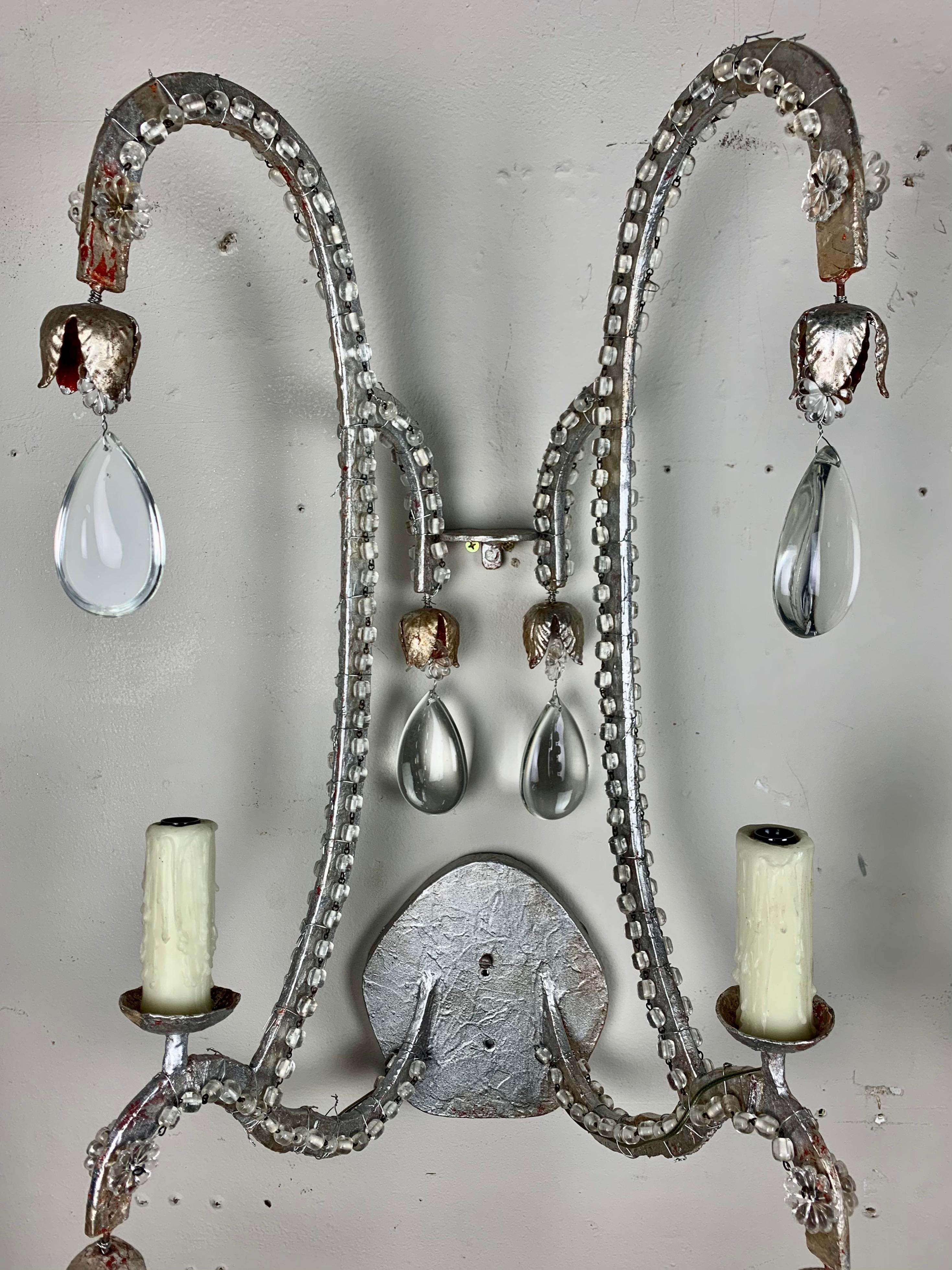 Italian Pair of Silvered 2-Light Crystal Sconces