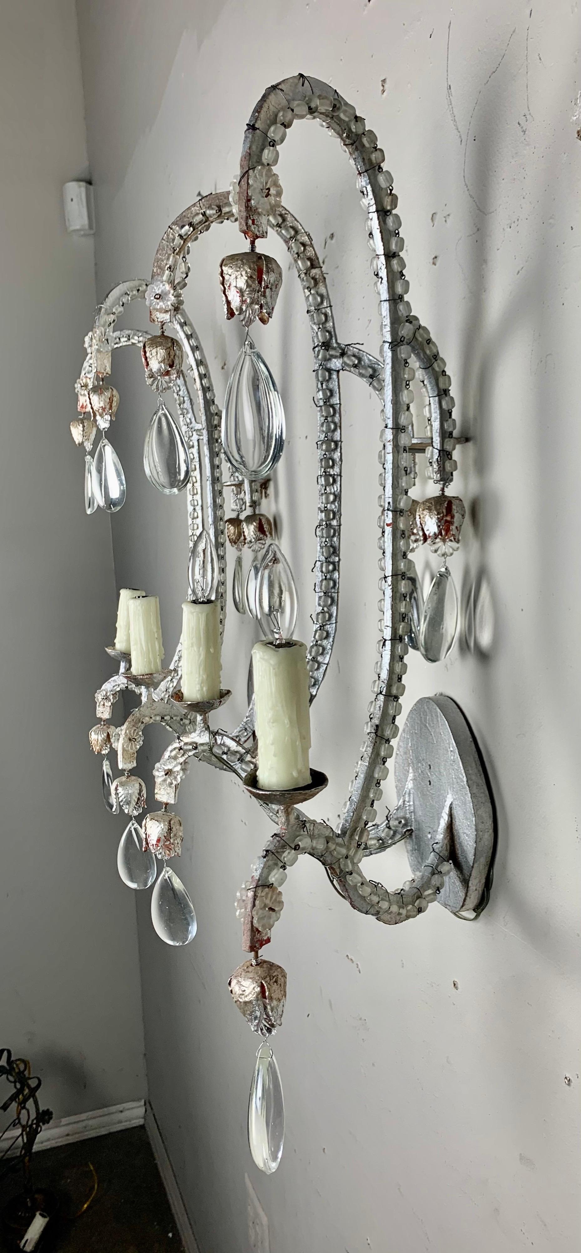 Mid-20th Century Pair of Silvered 2-Light Crystal Sconces