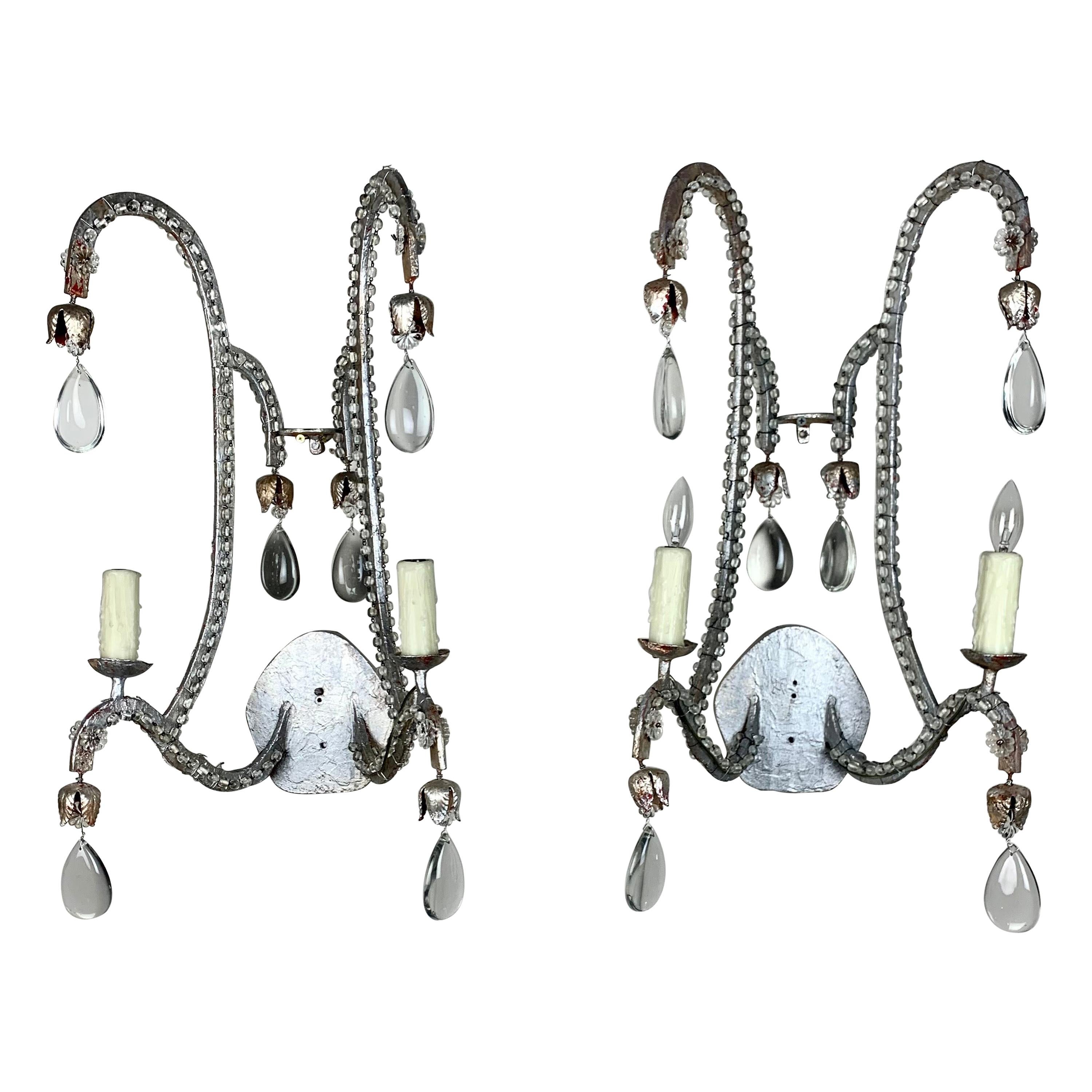 Pair of Silvered 2-Light Crystal Sconces For Sale
