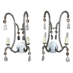 Retro Pair of Silvered 2-Light Crystal Sconces