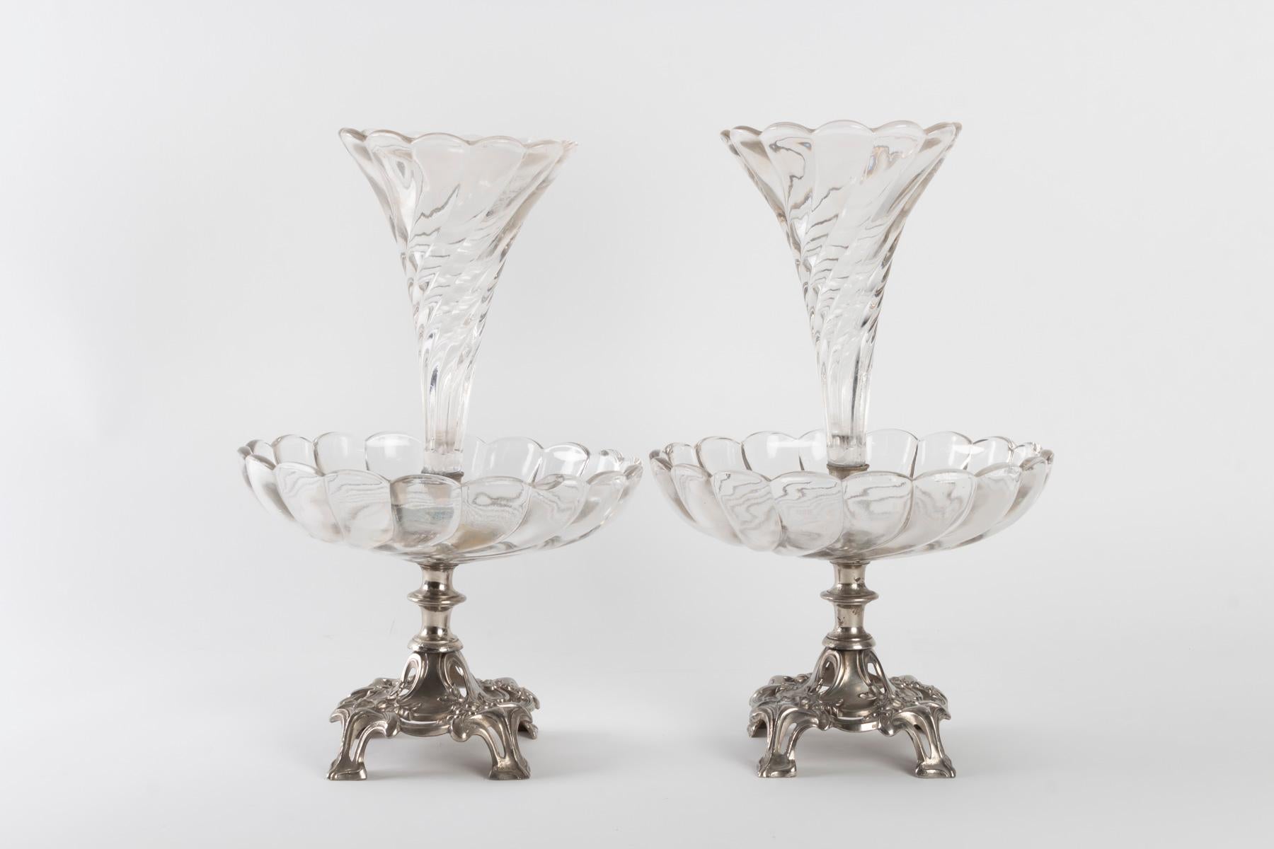 Pair of silvered and crystal metal Bouquetières, Art Nouveau, 1910
Measures: H 35cm, D 22cm.