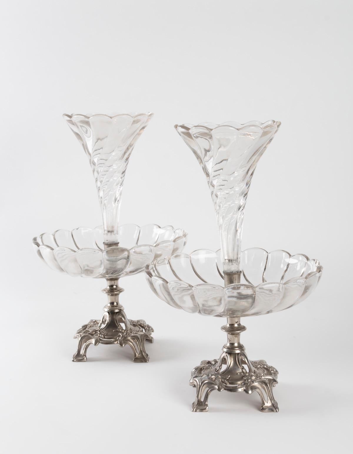 French Pair of Silvered and Crystal Metal Bouquetières, Art Nouveau, 1910 For Sale