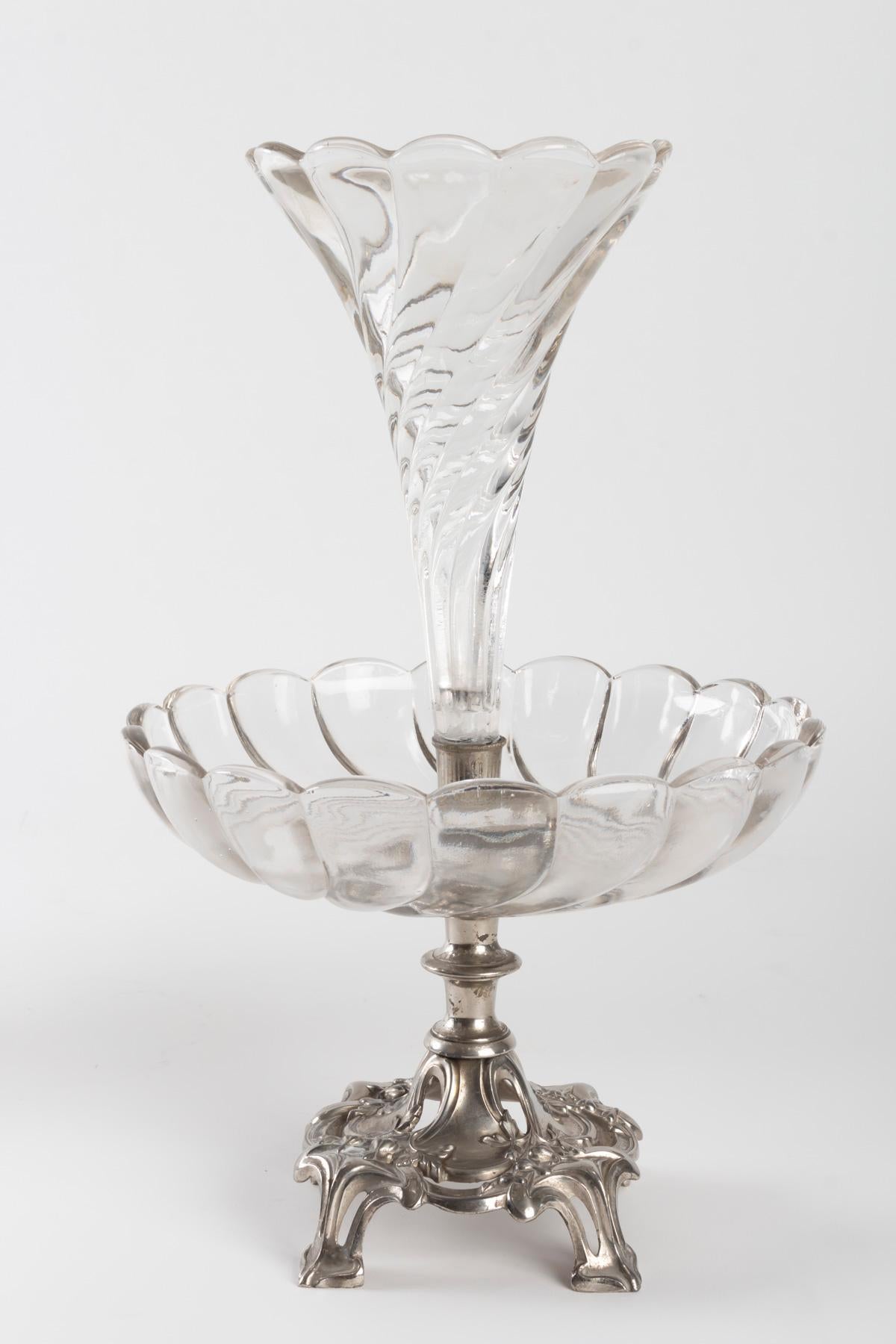 Pair of Silvered and Crystal Metal Bouquetières, Art Nouveau, 1910 For Sale 3