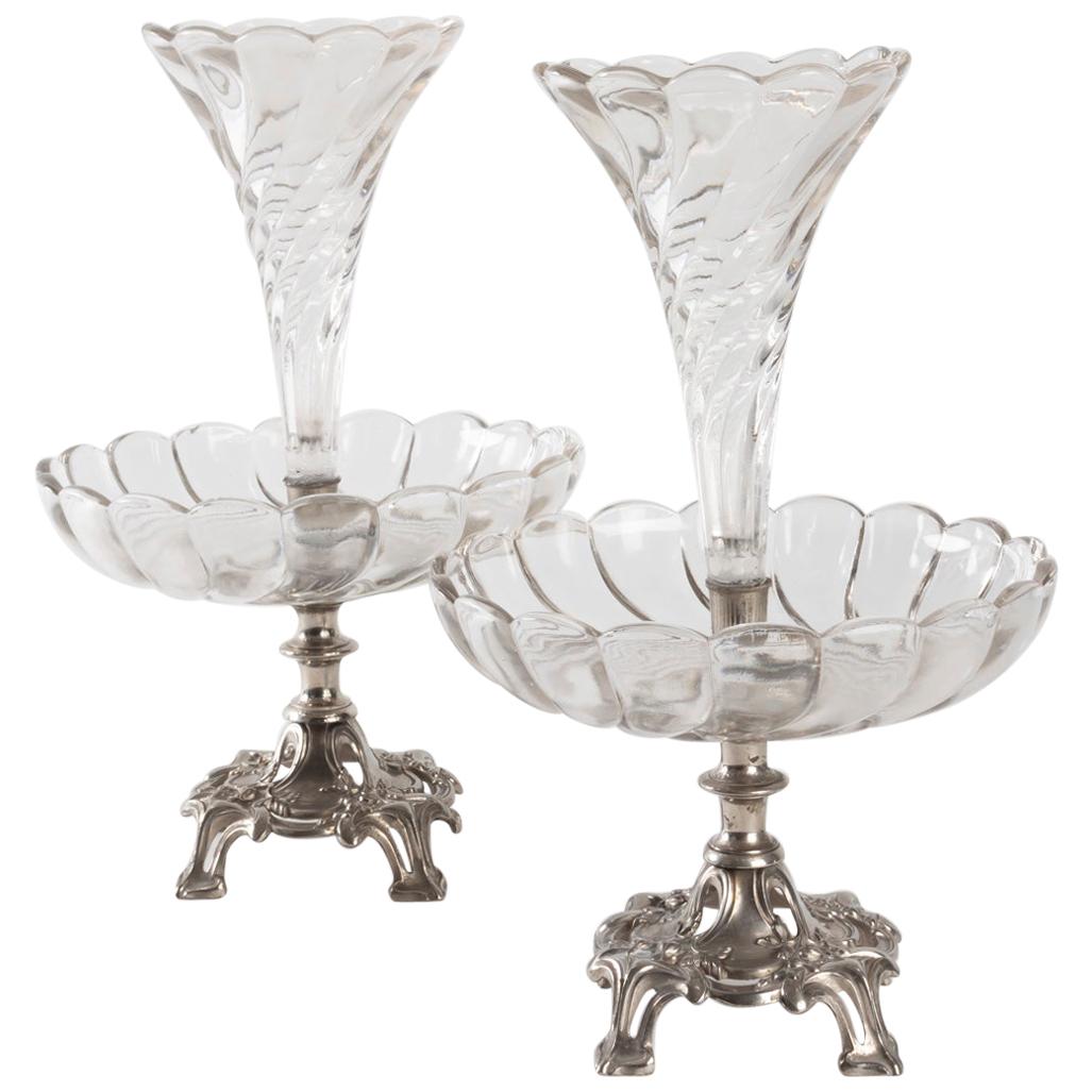 Pair of Silvered and Crystal Metal Bouquetières, Art Nouveau, 1910 For Sale