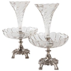 Pair of Silvered and Crystal Metal Bouquetières, Art Nouveau, 1910