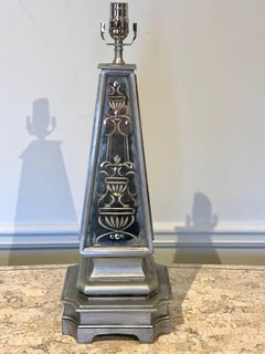 Pair of Silvered and Engraved Mirror Obelisk Lamps