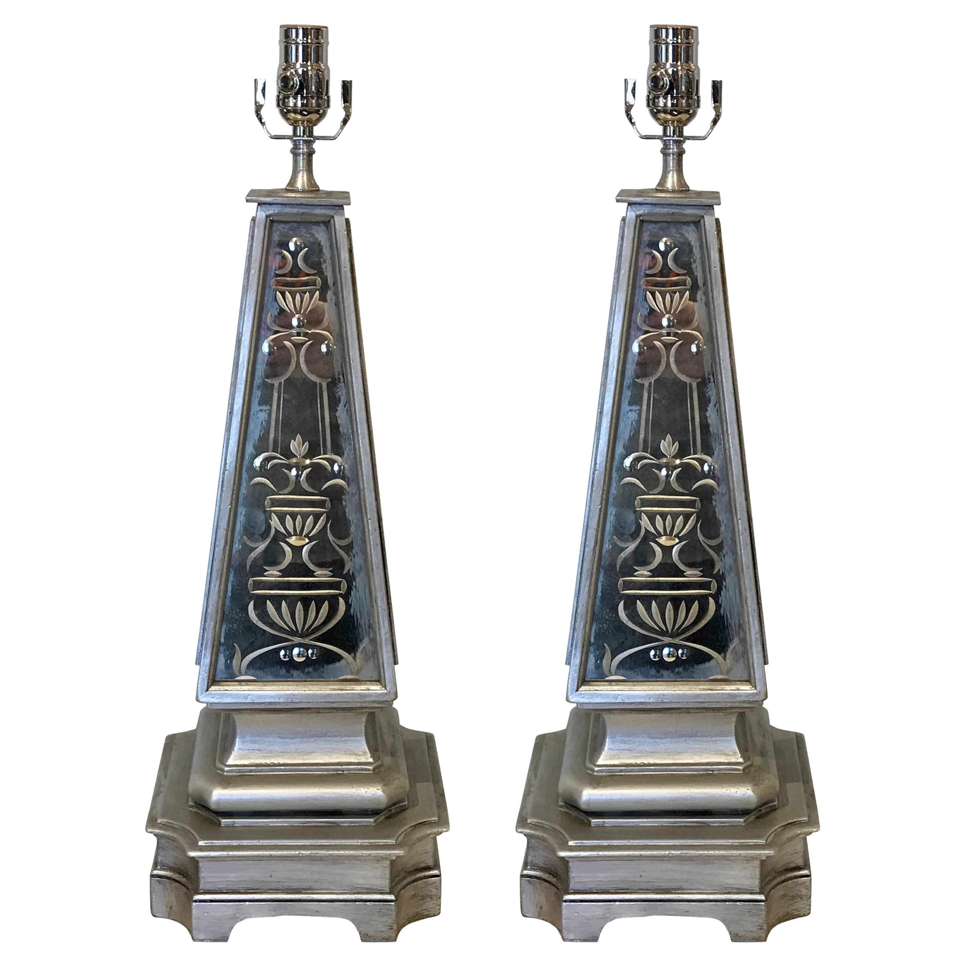 Pair of Silvered and Engraved Mirror Obelisk Lamps For Sale