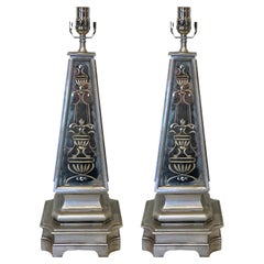 Vintage Pair of Silvered and Engraved Mirror Obelisk Lamps