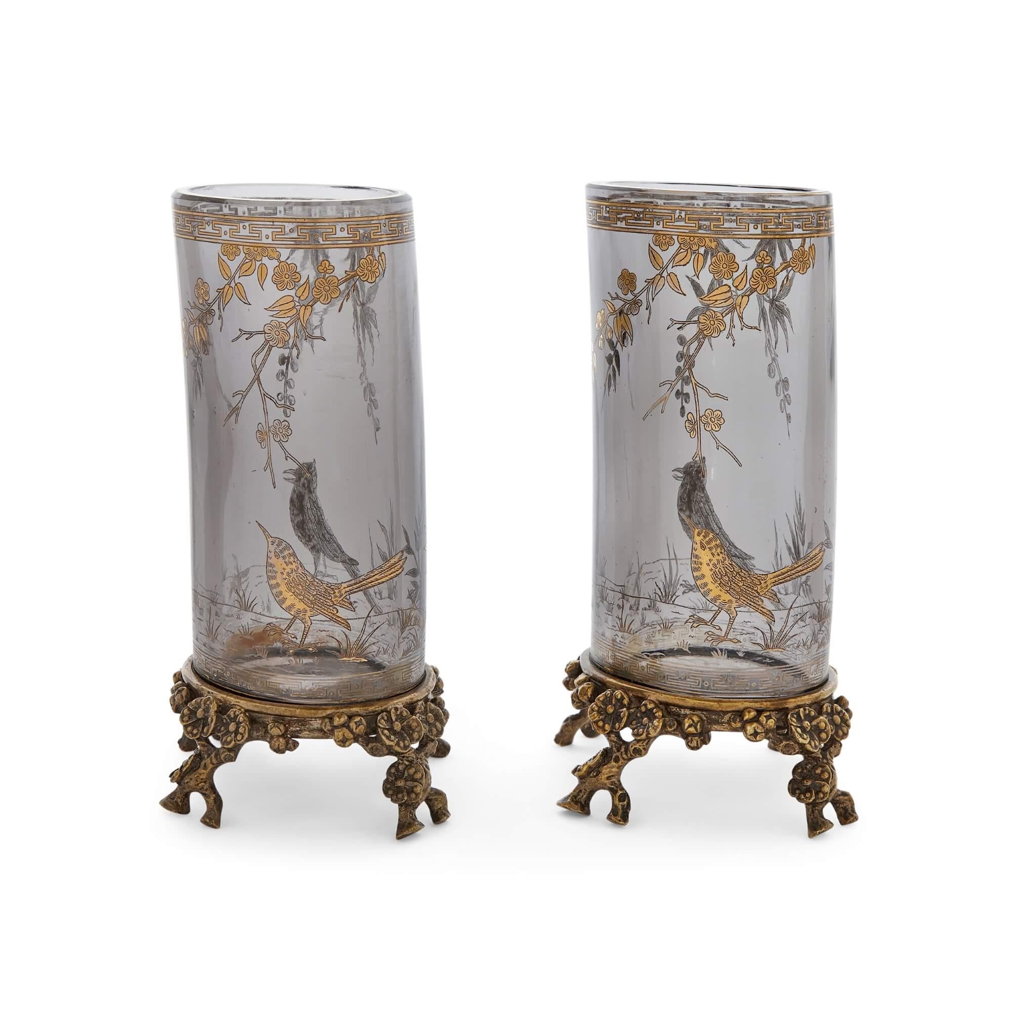 Japonisme Pair of Silvered and Gilt-Bronze Mounted Glass Vases by Baccarat