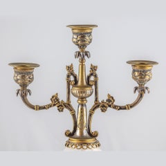 Pair of Silvered and Gilt Bronze Rock Crystal Three-Light Candelabra