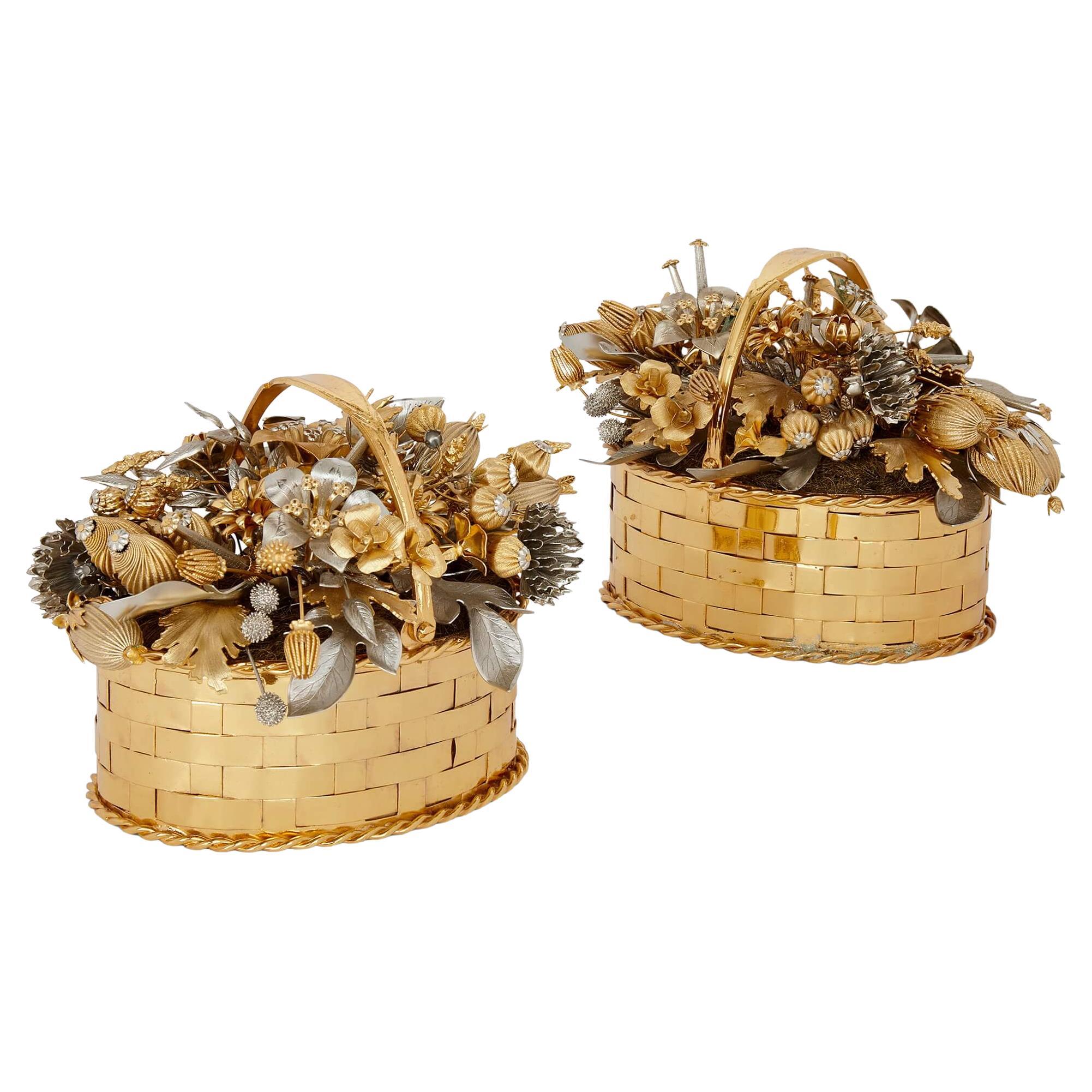 Pair of Silvered and Gilt 'Fleur Des Siècles' Flower Basket Models For Sale