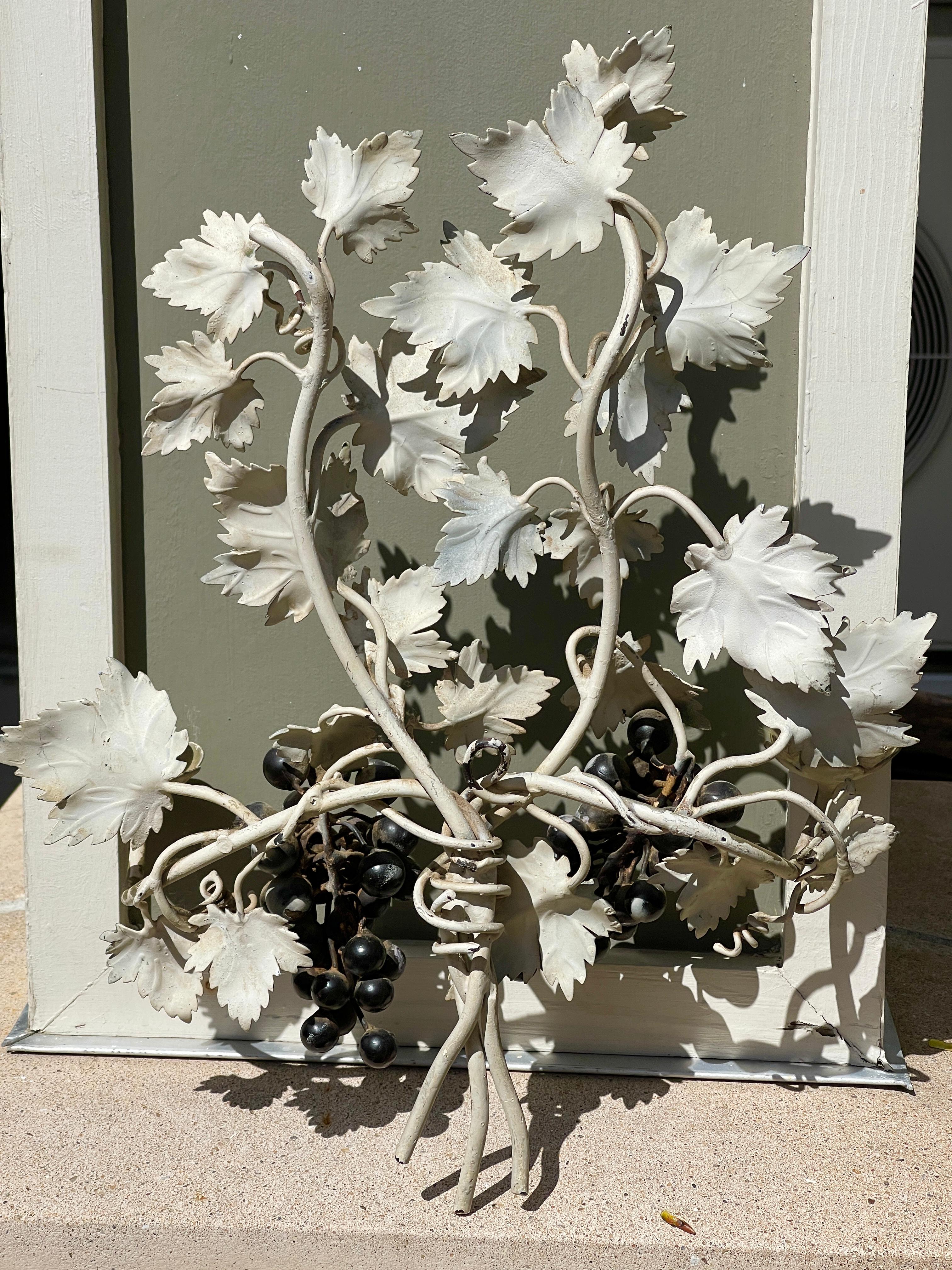 Pair of Silvered and Painted Iron Grape Vine Wall Lamps For Sale 12