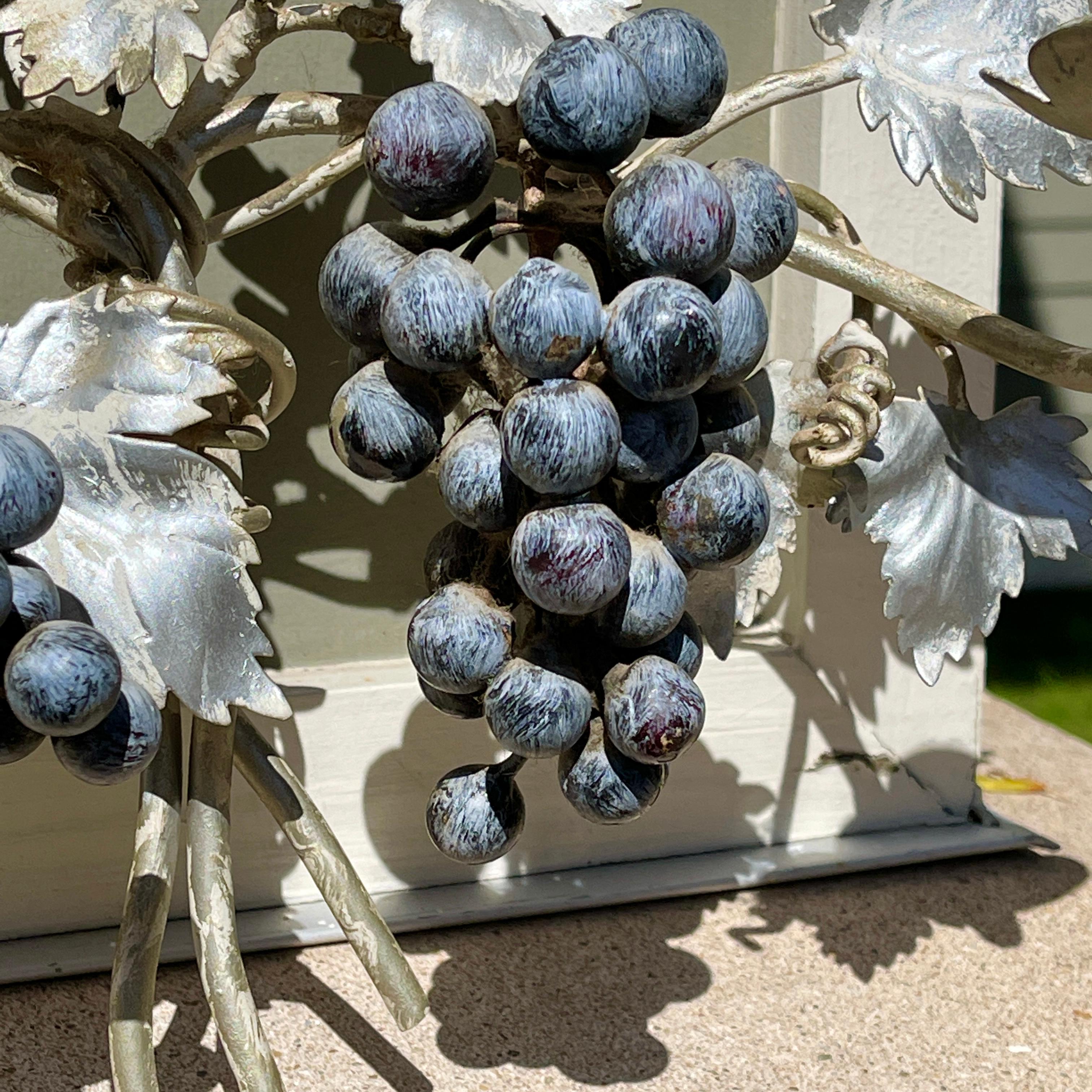 Pair of Silvered and Painted Iron Grape Vine Wall Lamps In Good Condition For Sale In Hanover, MA