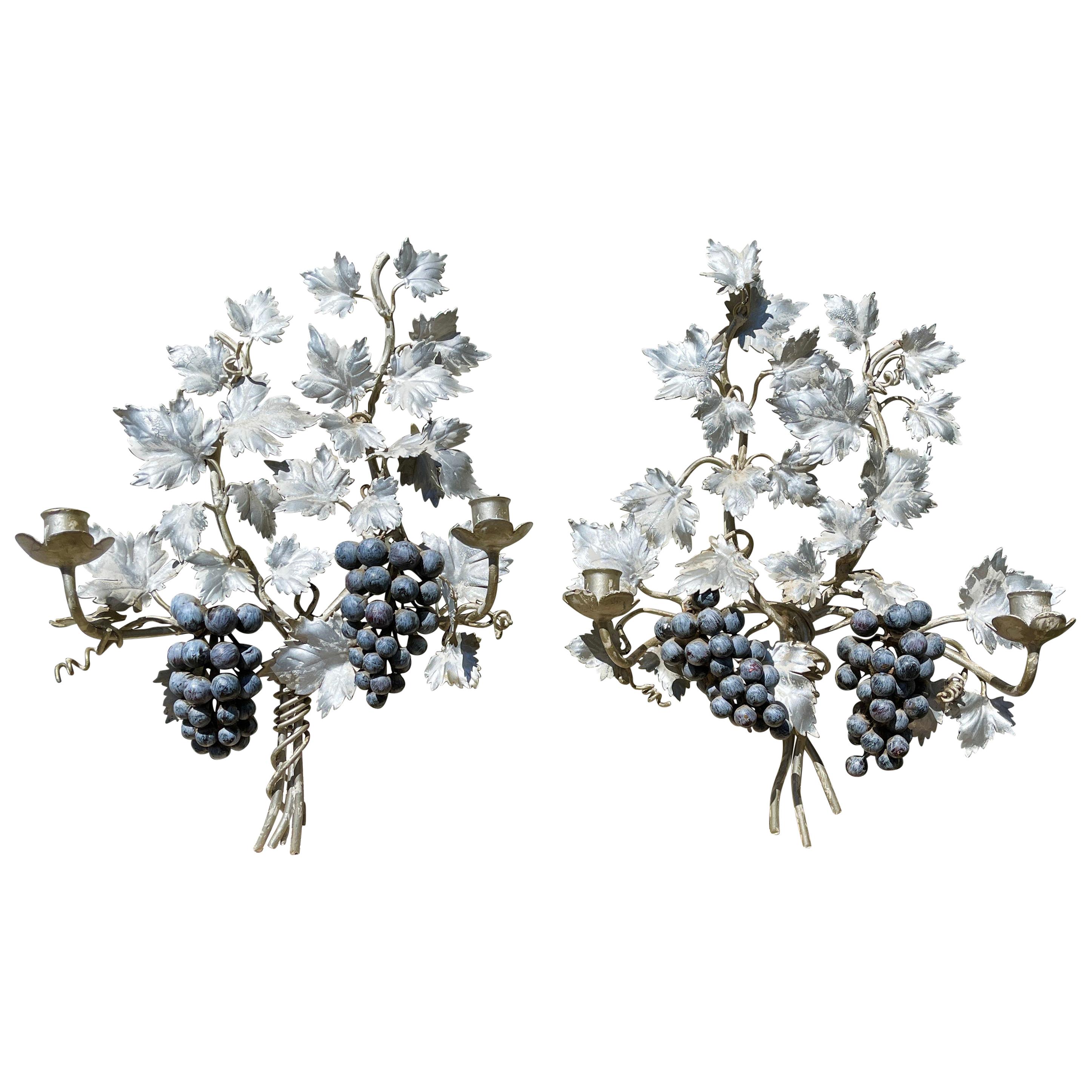 Pair of Silvered and Painted Iron Grape Vine Wall Lamps For Sale