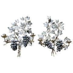 Retro Pair of Silvered and Painted Iron Grape Vine Wall Lamps