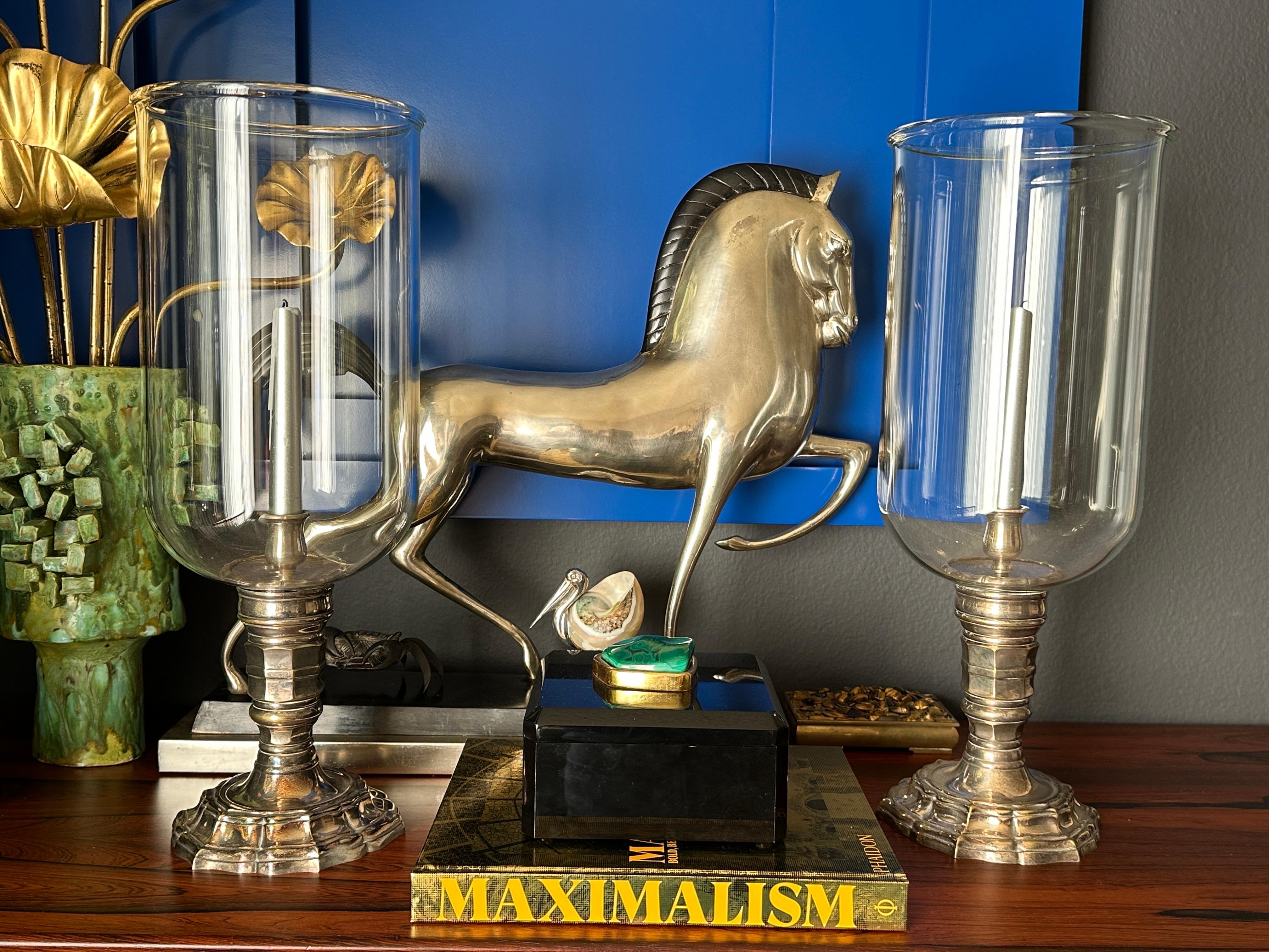 Cast Pair of Silvered Brass Candle Hurricanes