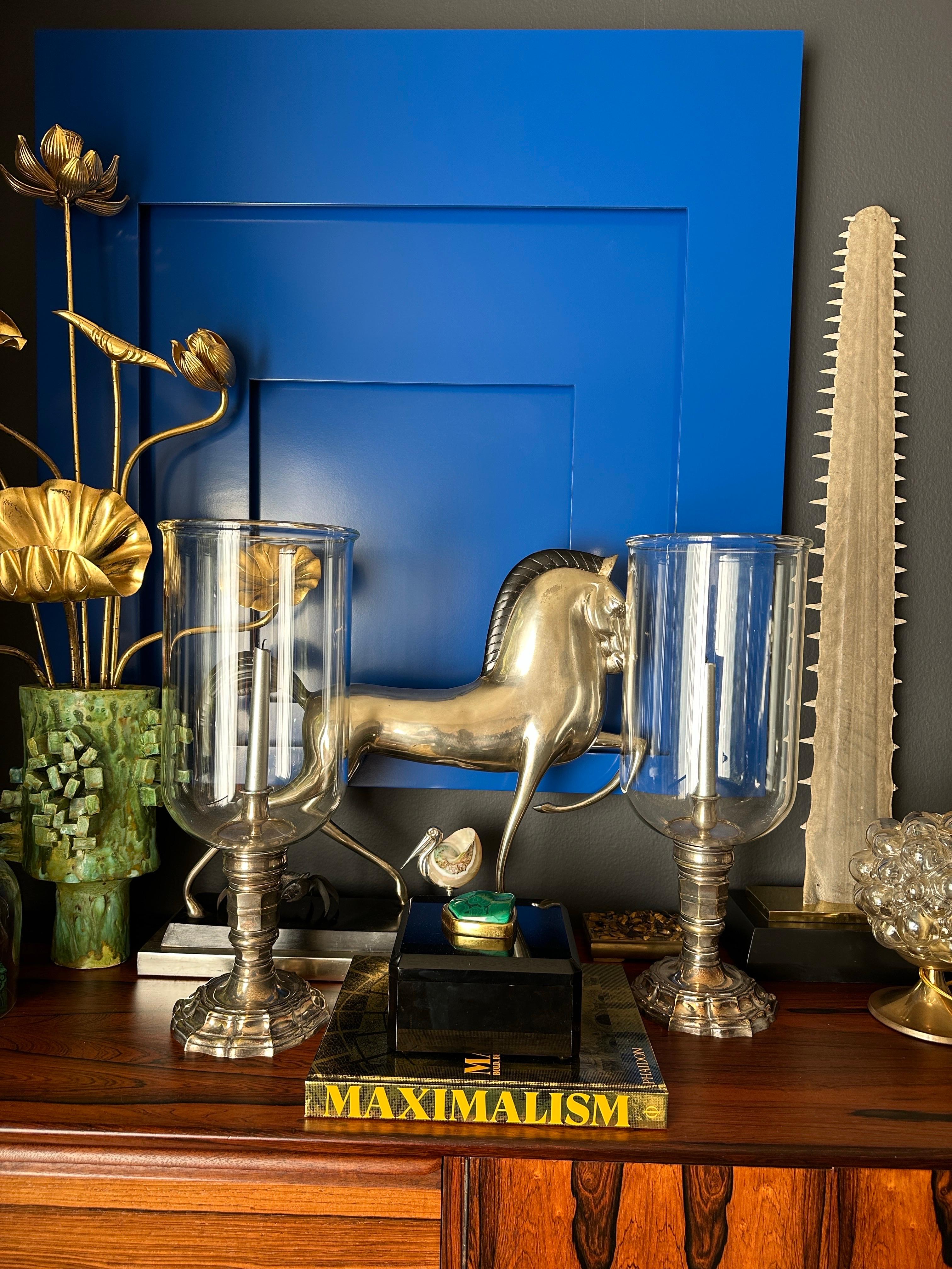 Pair of Silvered Brass Candle Hurricanes In Good Condition In North Hollywood, CA