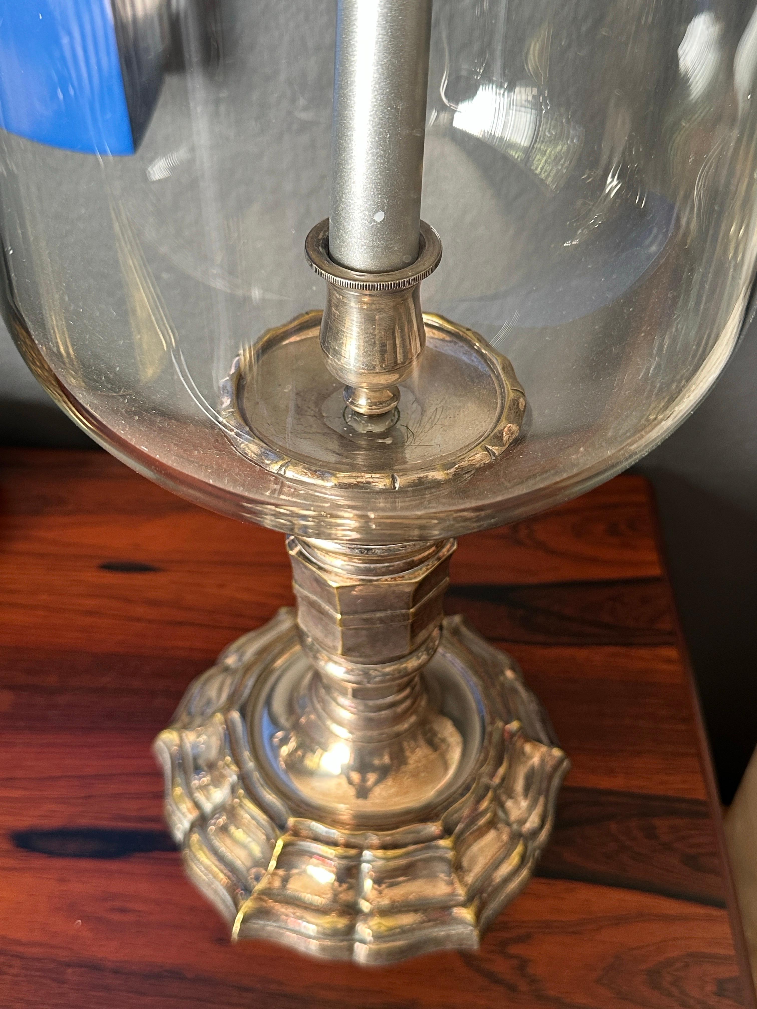 Glass Pair of Silvered Brass Candle Hurricanes