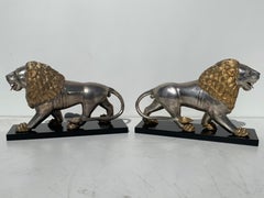 Pair of Silvered Brass Anglo Indian Lion Sculptures Bookends