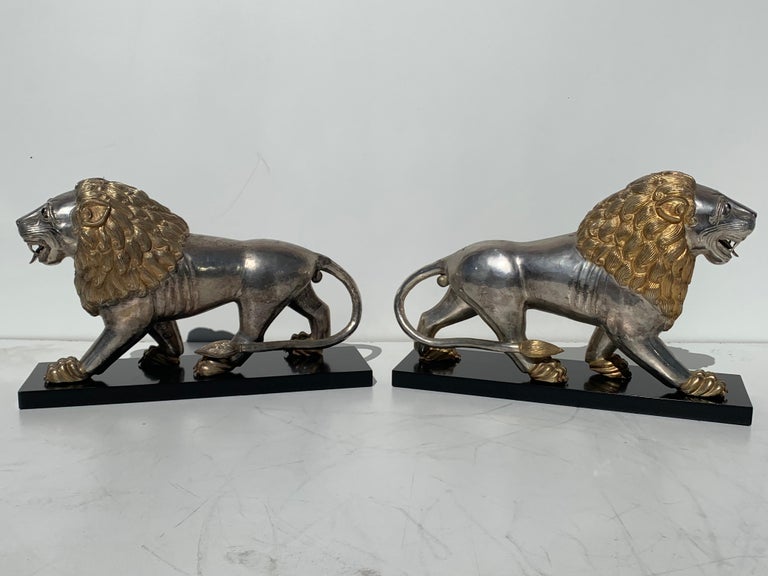Pair of Silvered Brass Lion Sculptures Bookends For Sale at 1stdibs