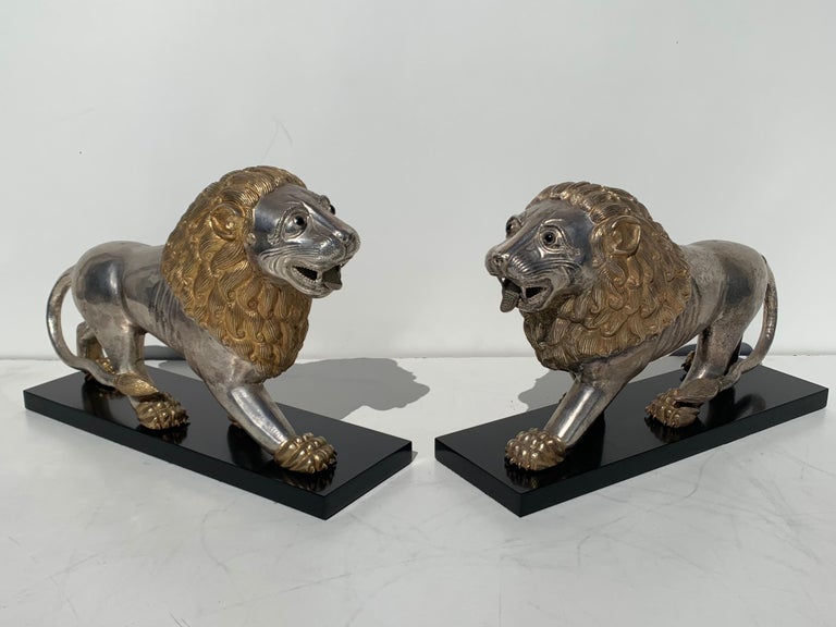 Pair of Silvered Brass Lion Sculptures Bookends For Sale at 1stdibs