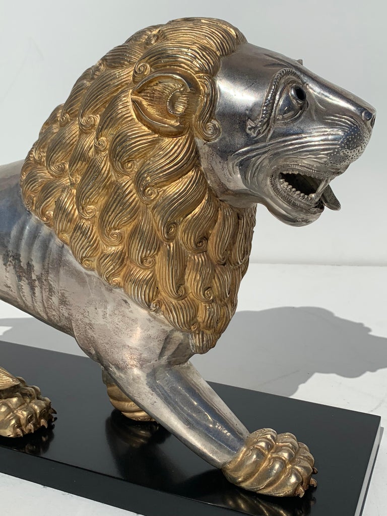 Pair of Silvered Brass Lion Sculptures Bookends For Sale at 1stdibs
