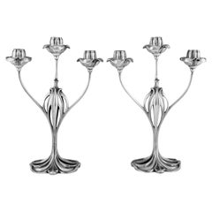 Pareja de candelabros Art Nouveau de bronce plateado de Georges De Feure Francia 1901