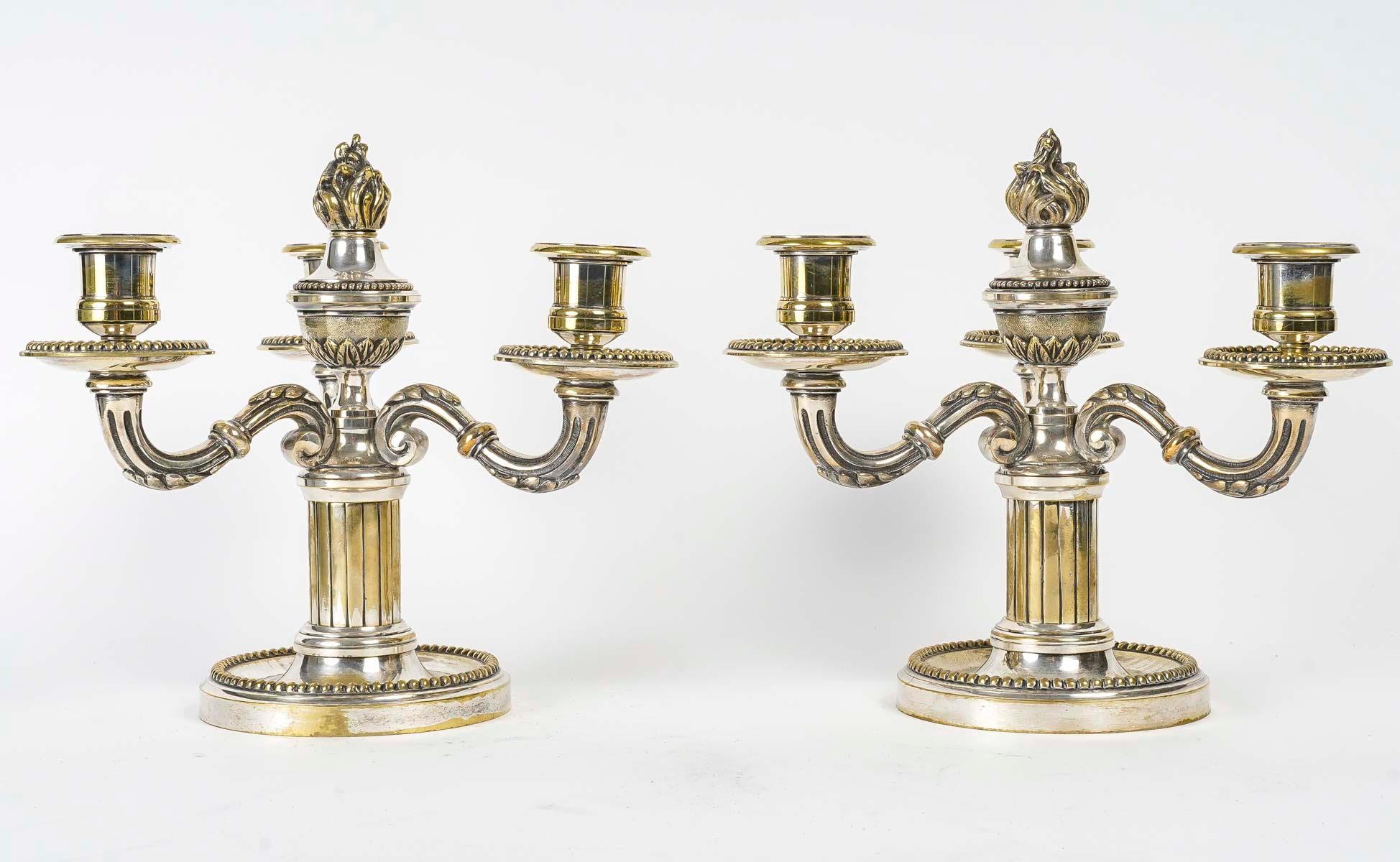 Pair of Silvered Bronze Candelabra, 19th Century, Napoleon III Period. For Sale 3