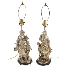 Paar figurale Lampen aus versilberter Bronze, 19. Jahrhundert, Französisch