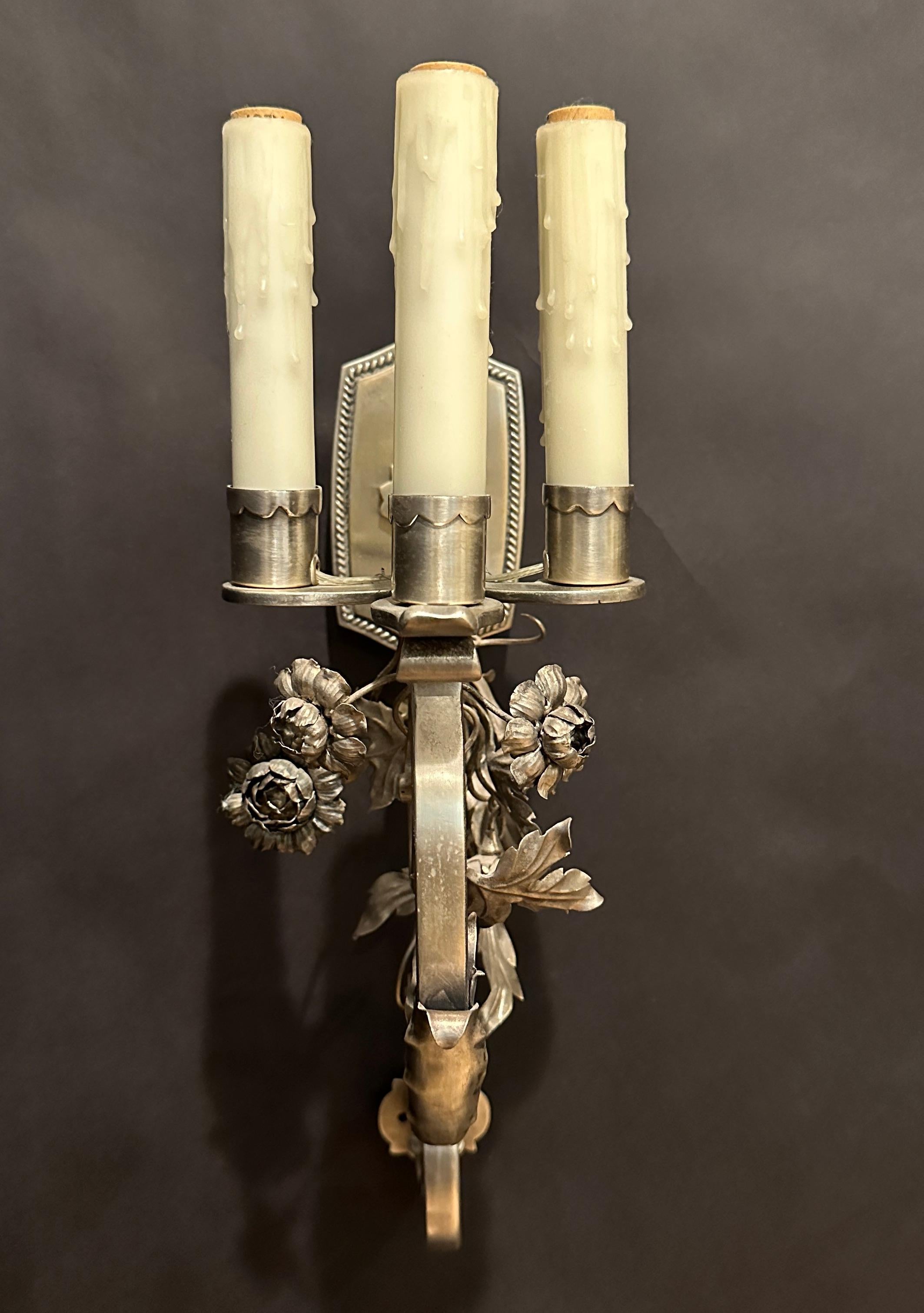 Baroque Revival Pair Of Silvered Bronze Floral Form Wall Sconces For Sale