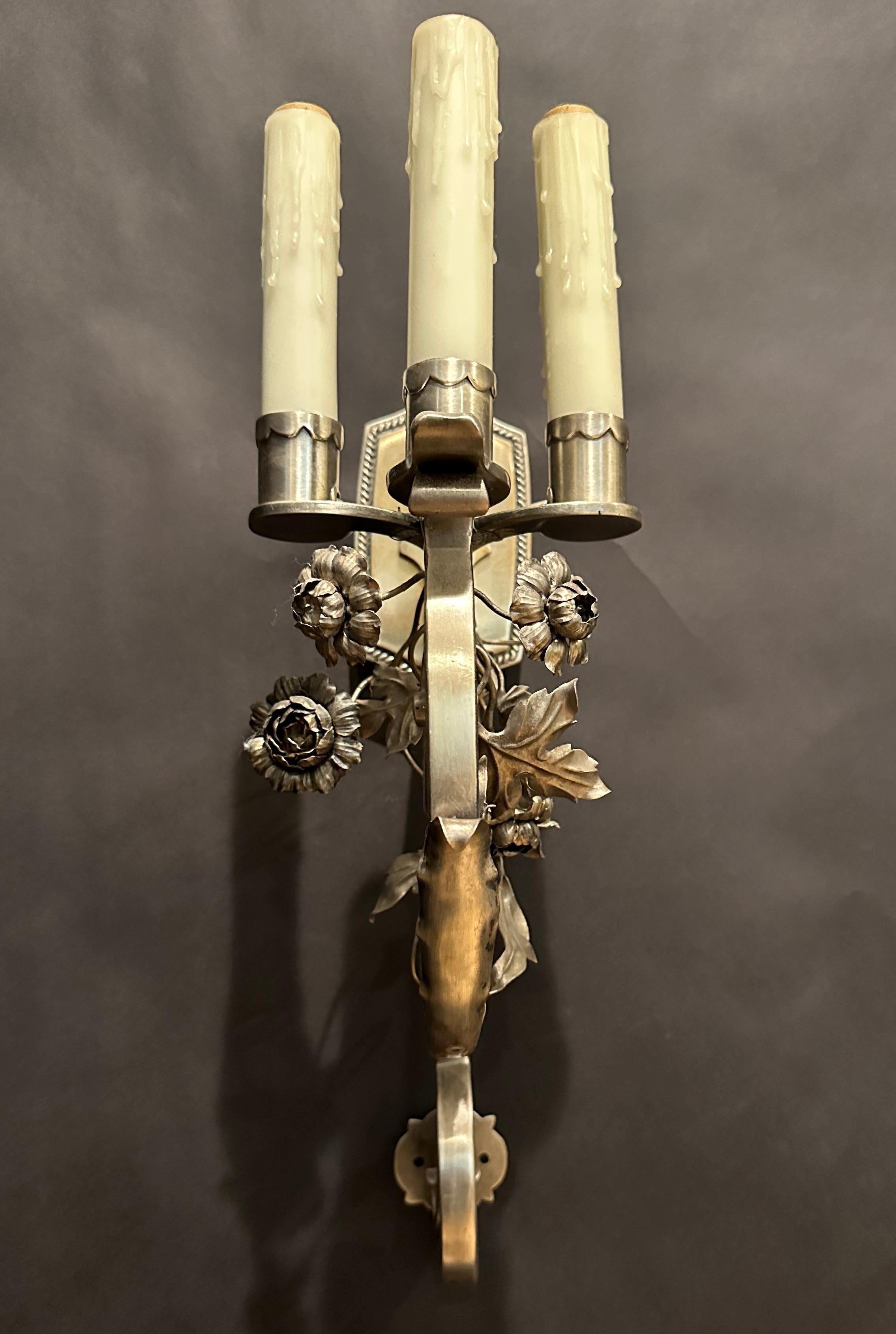 American Pair Of Silvered Bronze Floral Form Wall Sconces For Sale