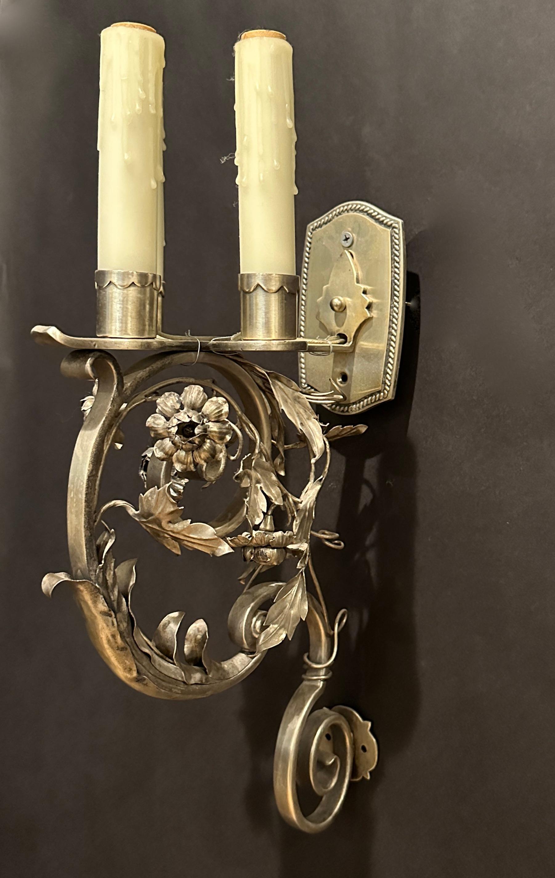 20th Century Pair Of Silvered Bronze Floral Form Wall Sconces For Sale