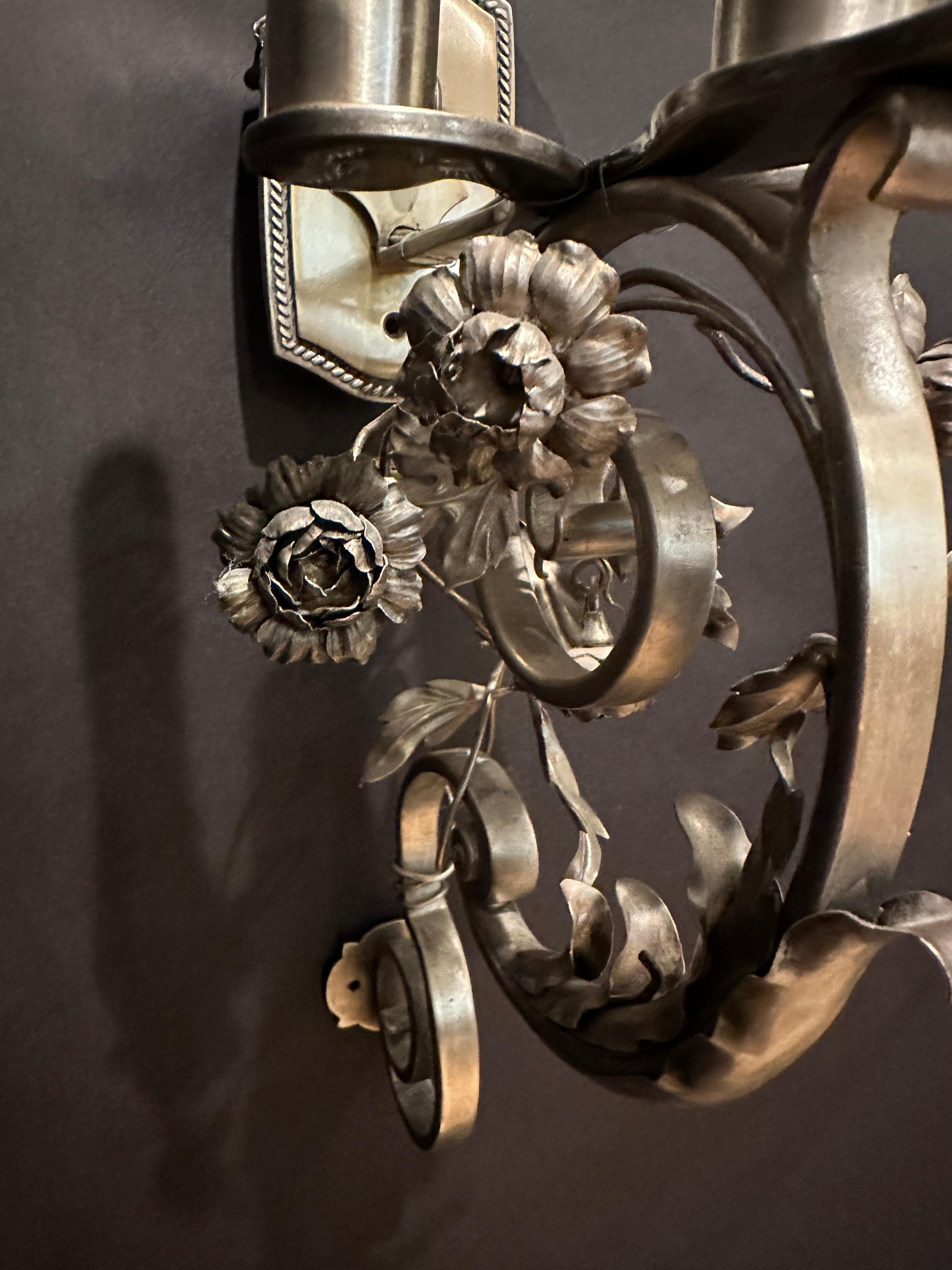 Pair Of Silvered Bronze Floral Form Wall Sconces For Sale 2