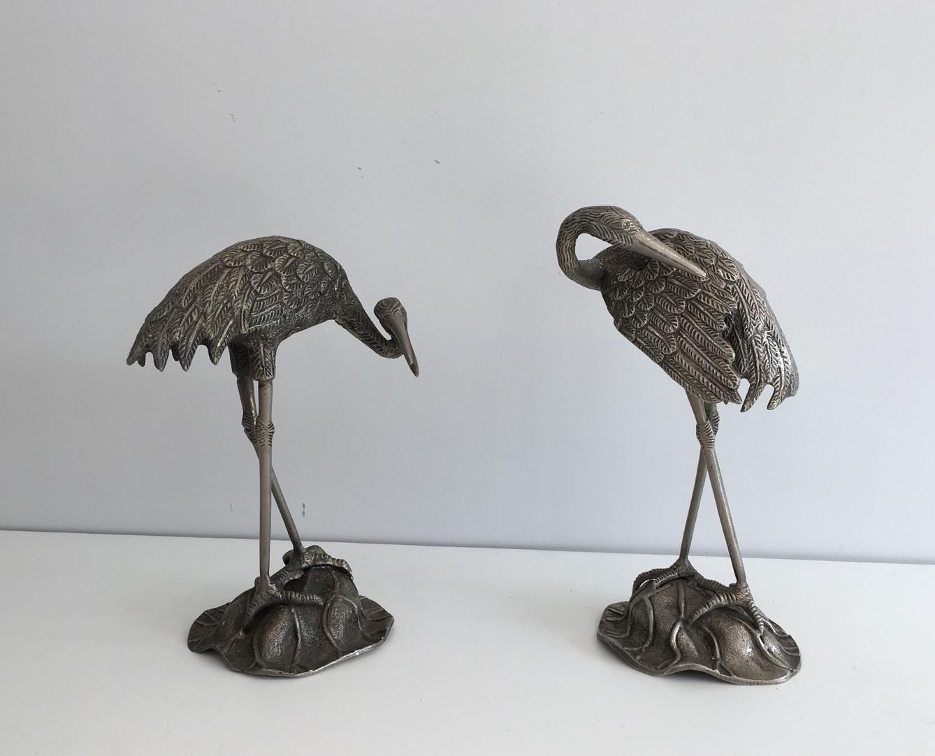 Neoclassical Pair of Silvered Bronze Herons, Attributed to Maison Bagués, circa 1940 For Sale