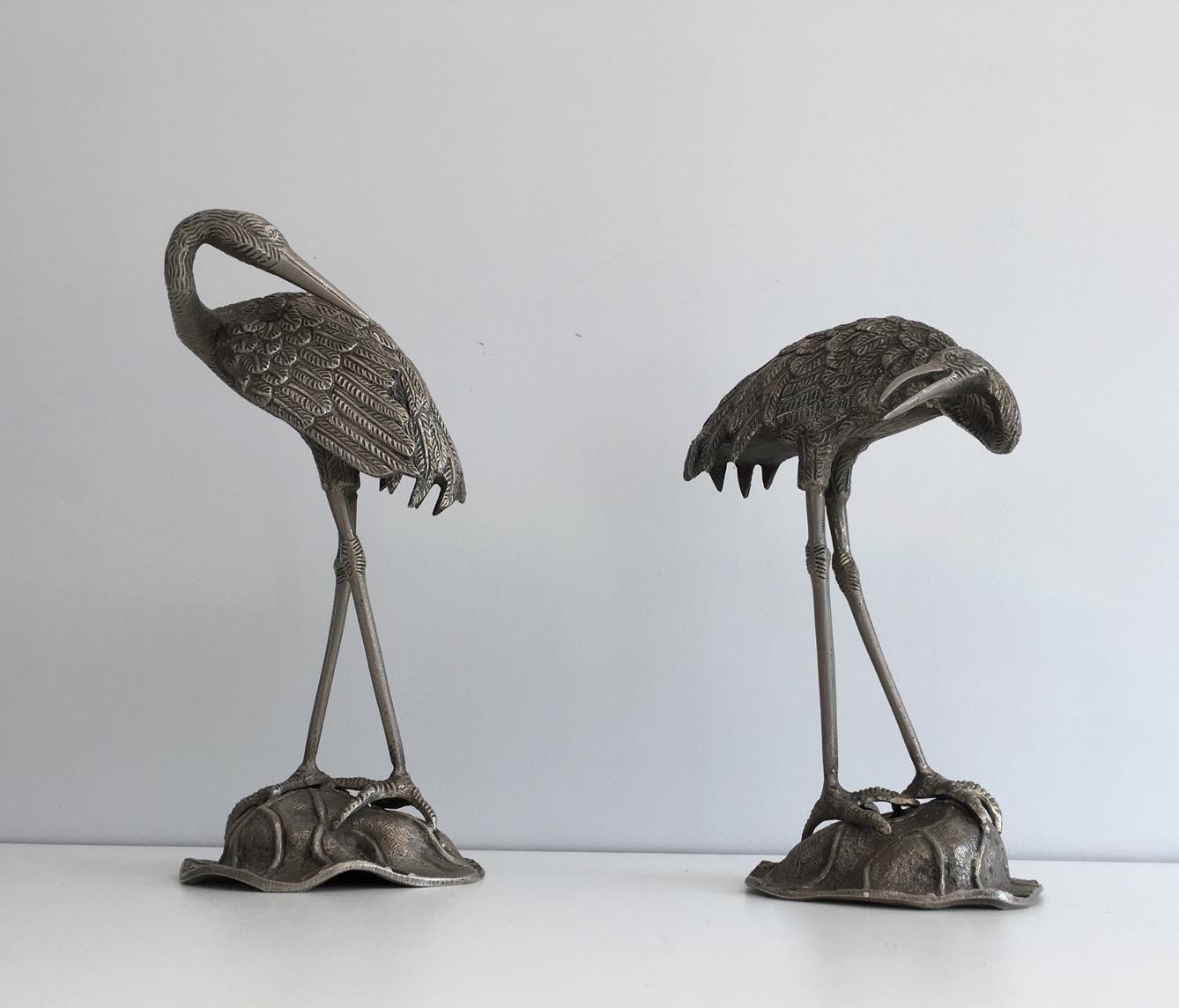 French Pair of Silvered Bronze Herons, Attributed to Maison Bagués, circa 1940 For Sale