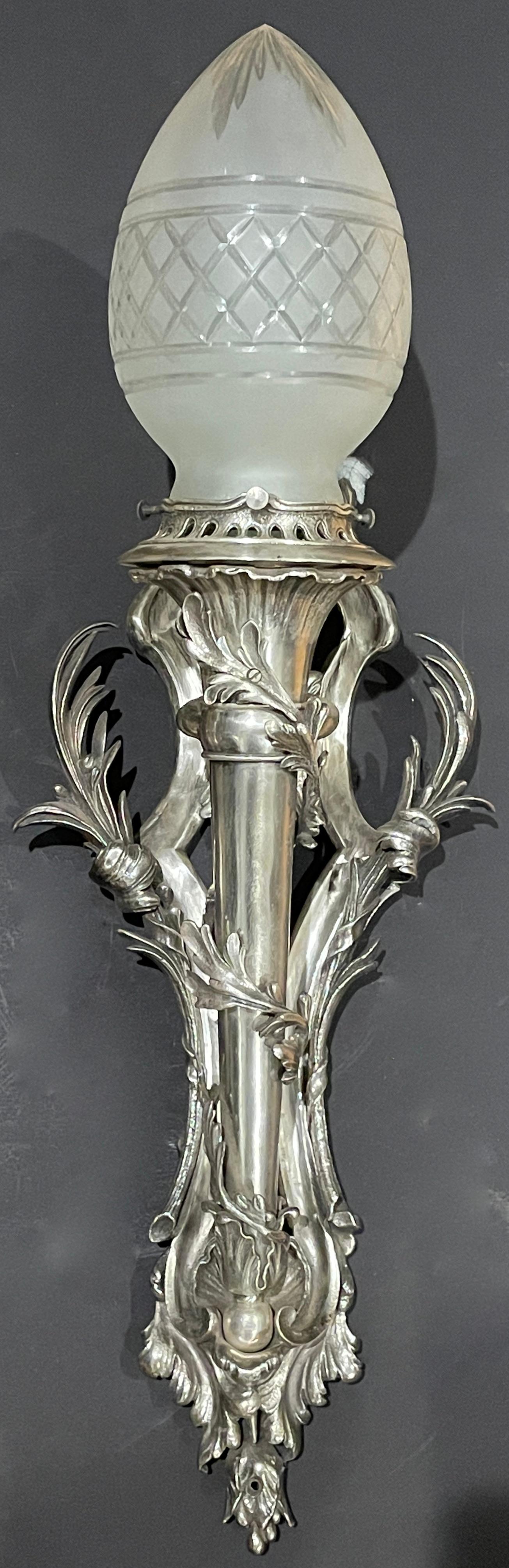 French Pair of Silvered Bronze Louis XV Sconces For Sale