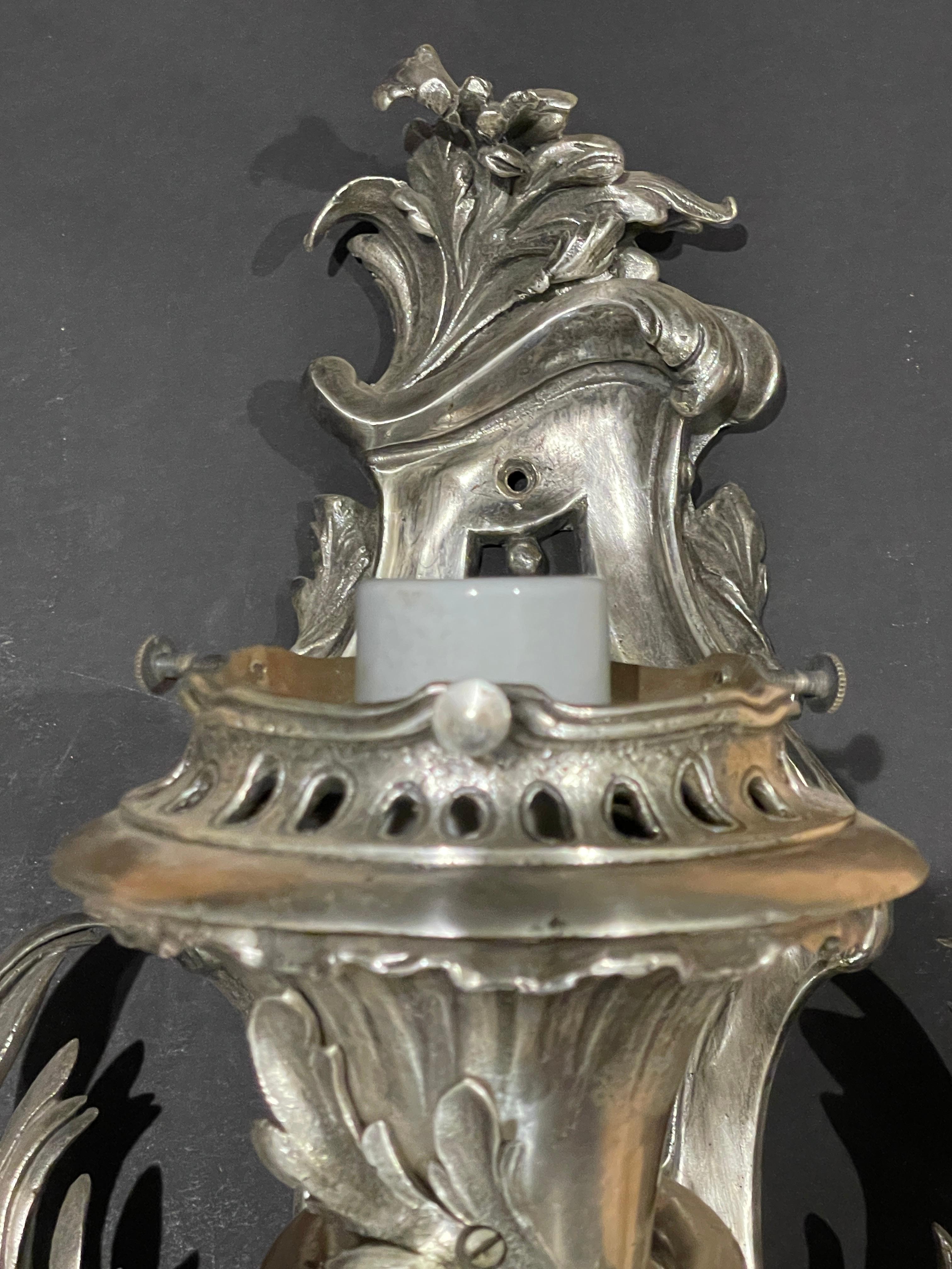 Pair of Silvered Bronze Louis XV Sconces In Good Condition For Sale In Norwood, NJ