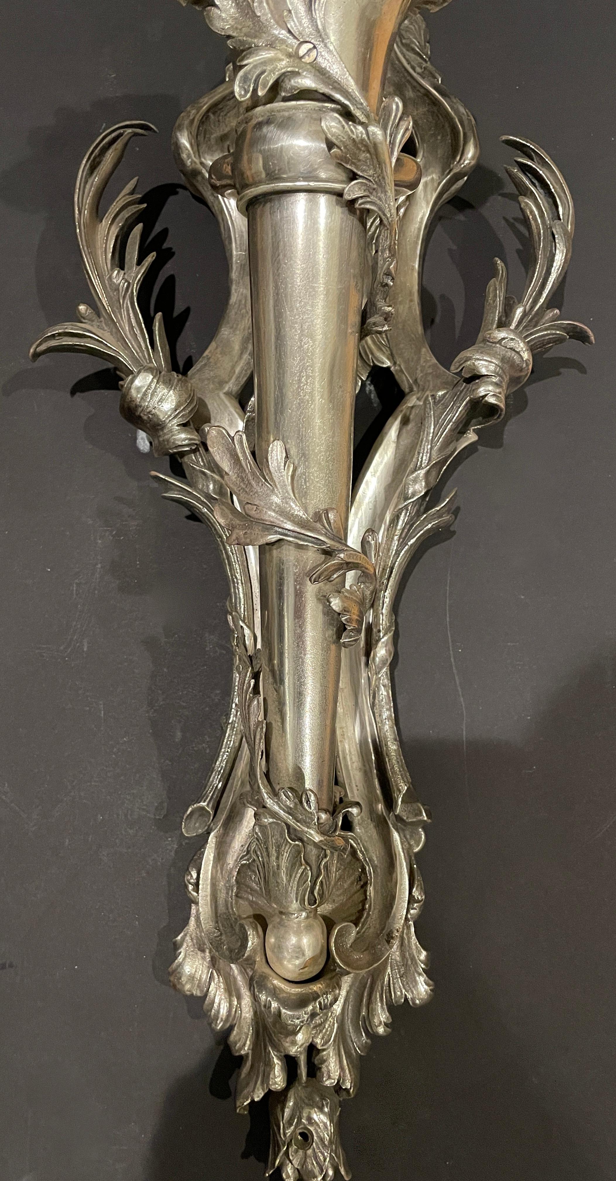 20th Century Pair of Silvered Bronze Louis XV Sconces For Sale
