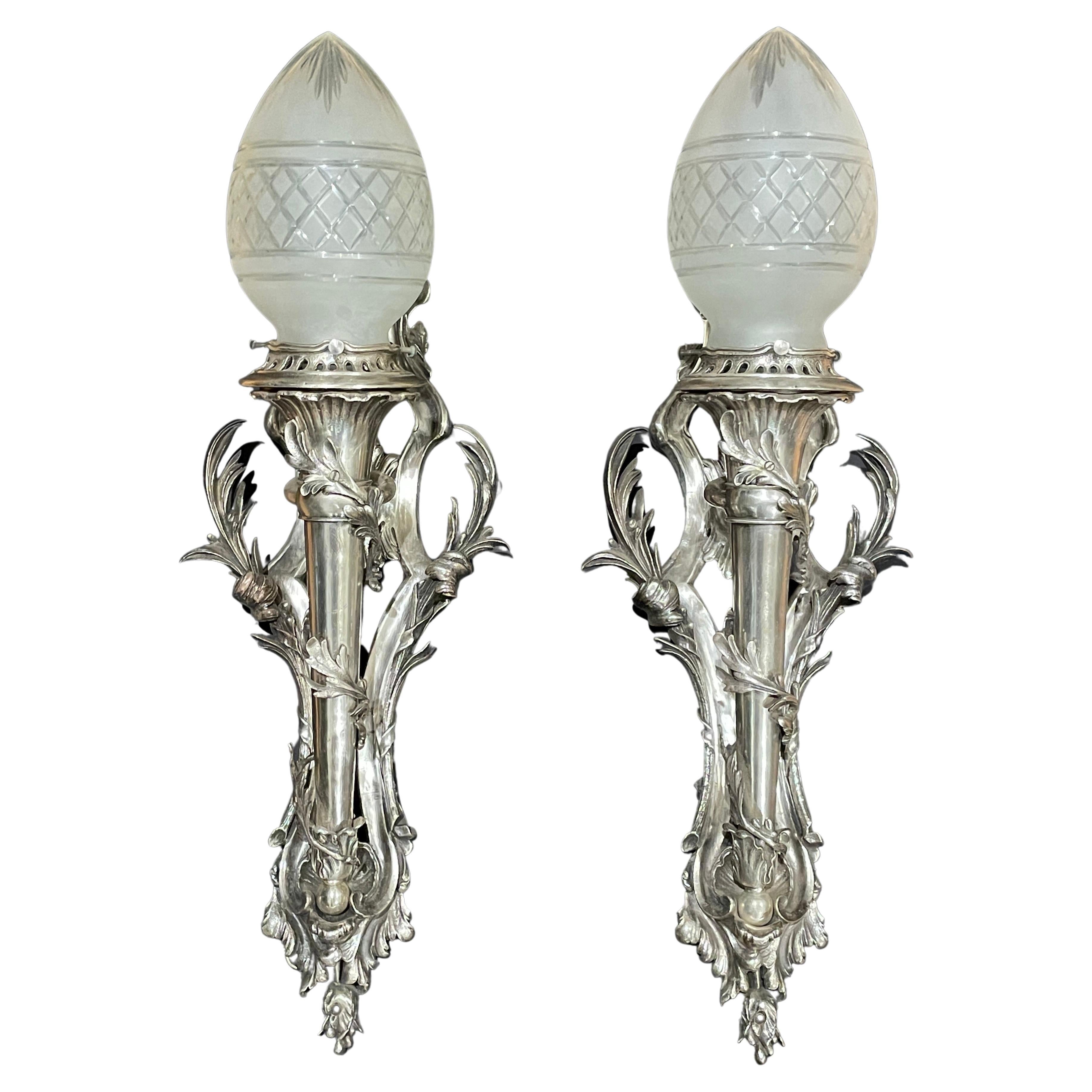 Pair of Silvered Bronze Louis XV Sconces With Cut Glass Shades