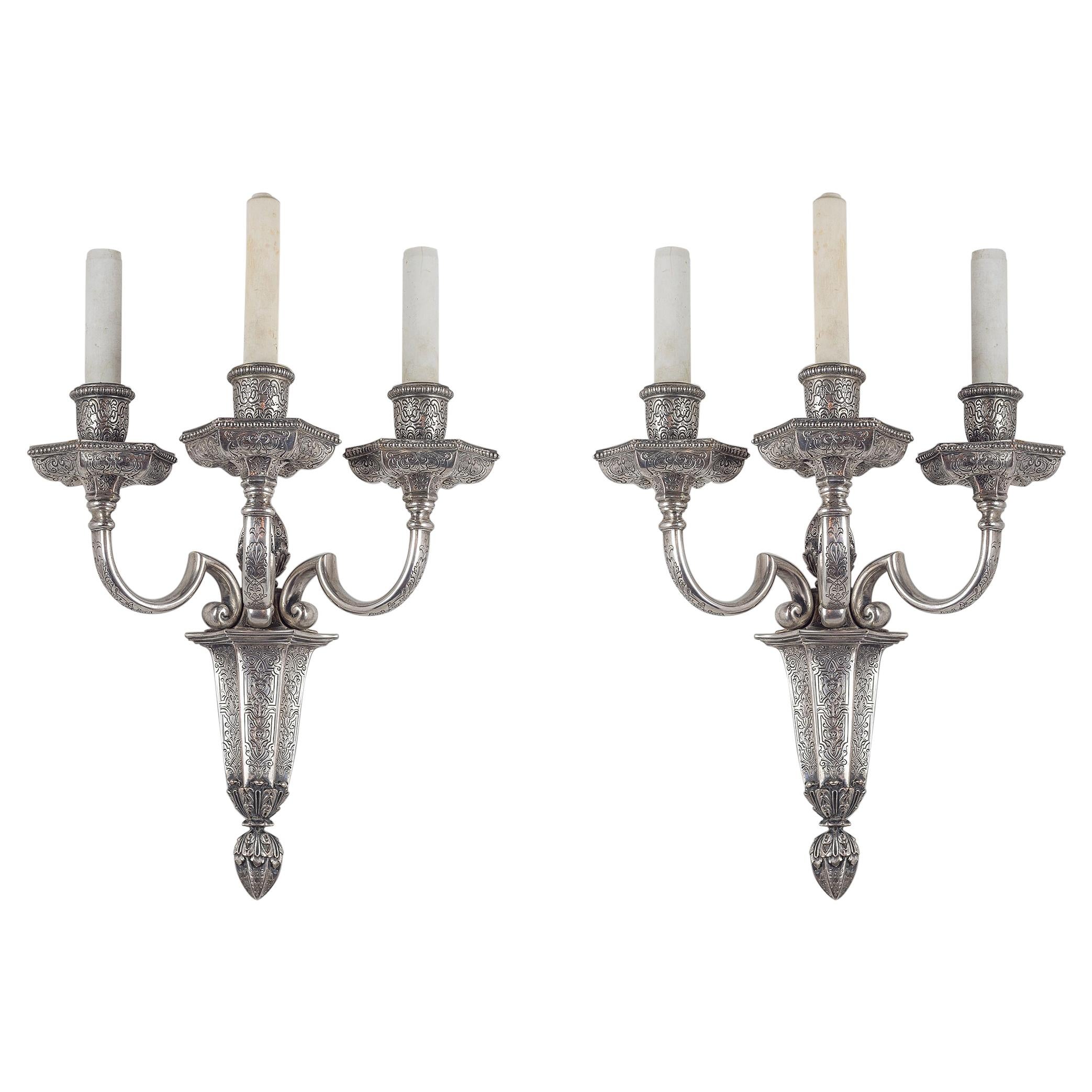 Pair of Silvered Bronze Three-light Sconces by Edward F. Caldwell Co. For Sale