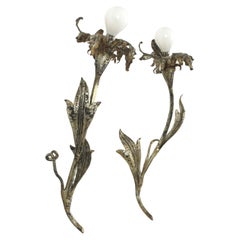 Pair of Silvered Flower Wall Sconces, Hollywood Regency