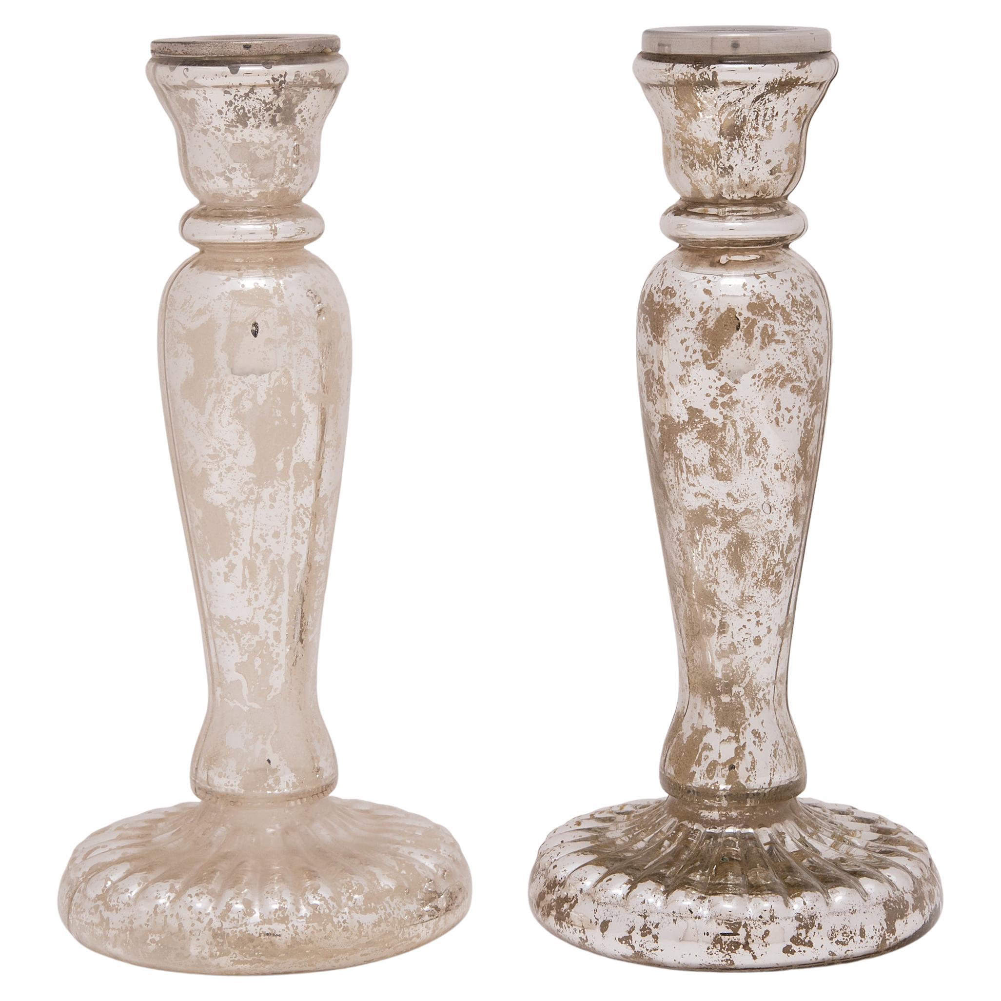 Pair of Silvered Glass Candle Stands