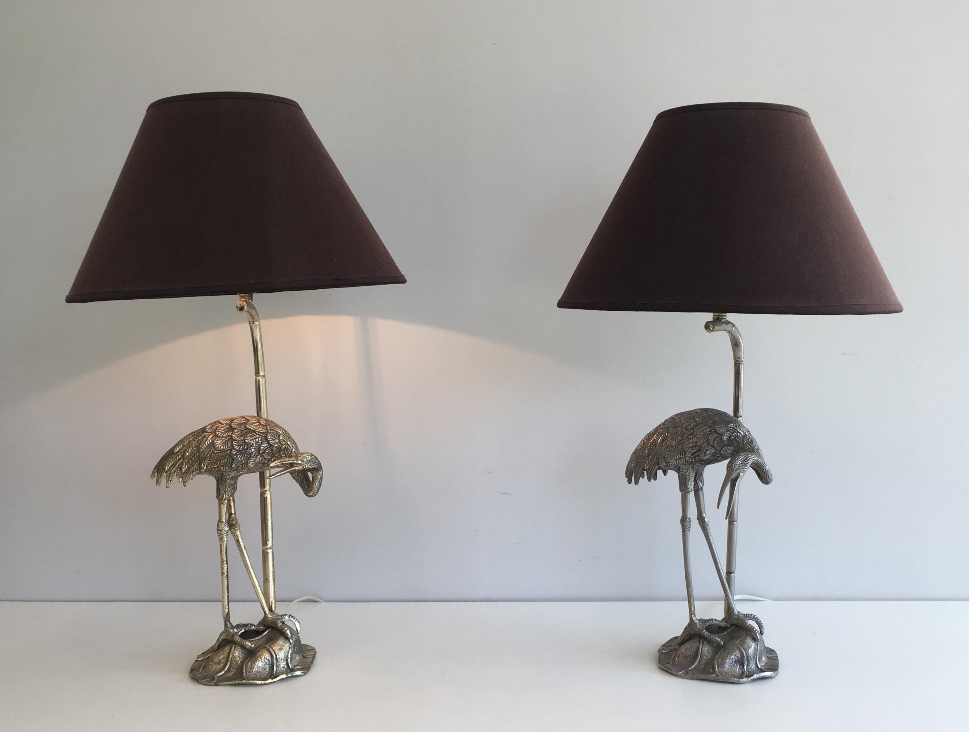 Pair of Silvered Herons Table Lamps. French work by Maison Bagués. Circa 1940 4