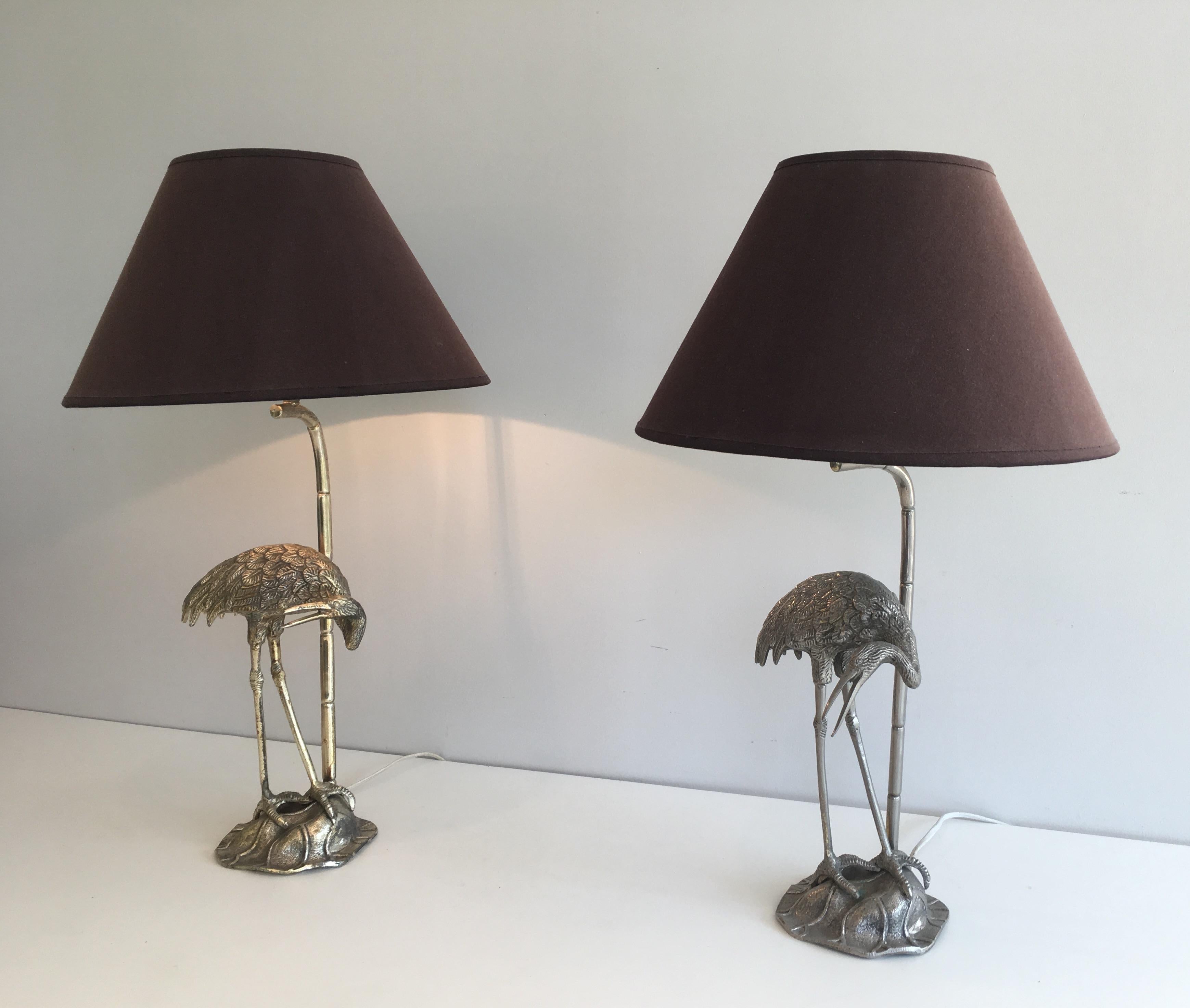 Neoclassical Pair of Silvered Herons Table Lamps. French work by Maison Bagués. Circa 1940