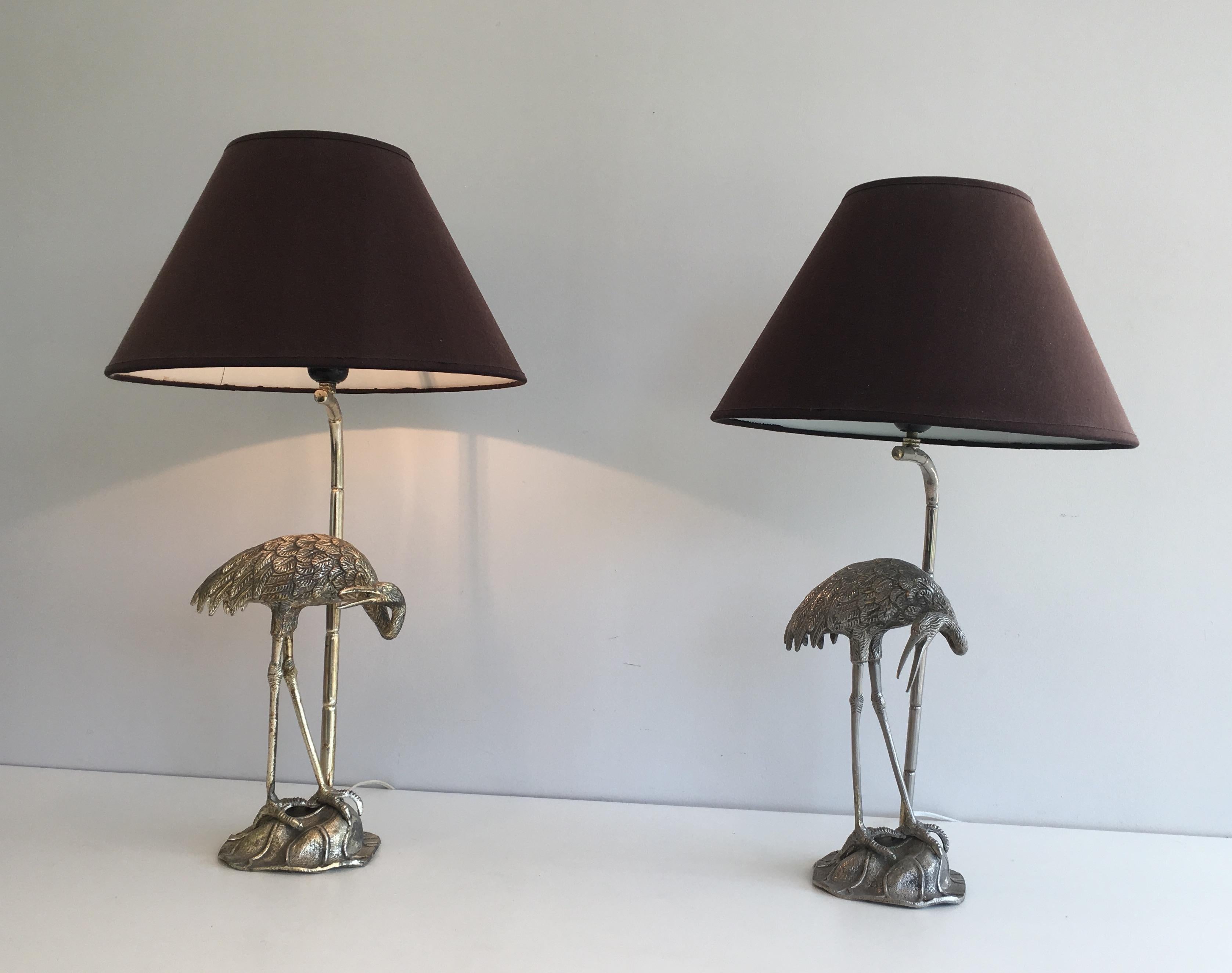 Pair of Silvered Herons Table Lamps. French work by Maison Bagués. Circa 1940 In Good Condition In Marcq-en-Barœul, Hauts-de-France