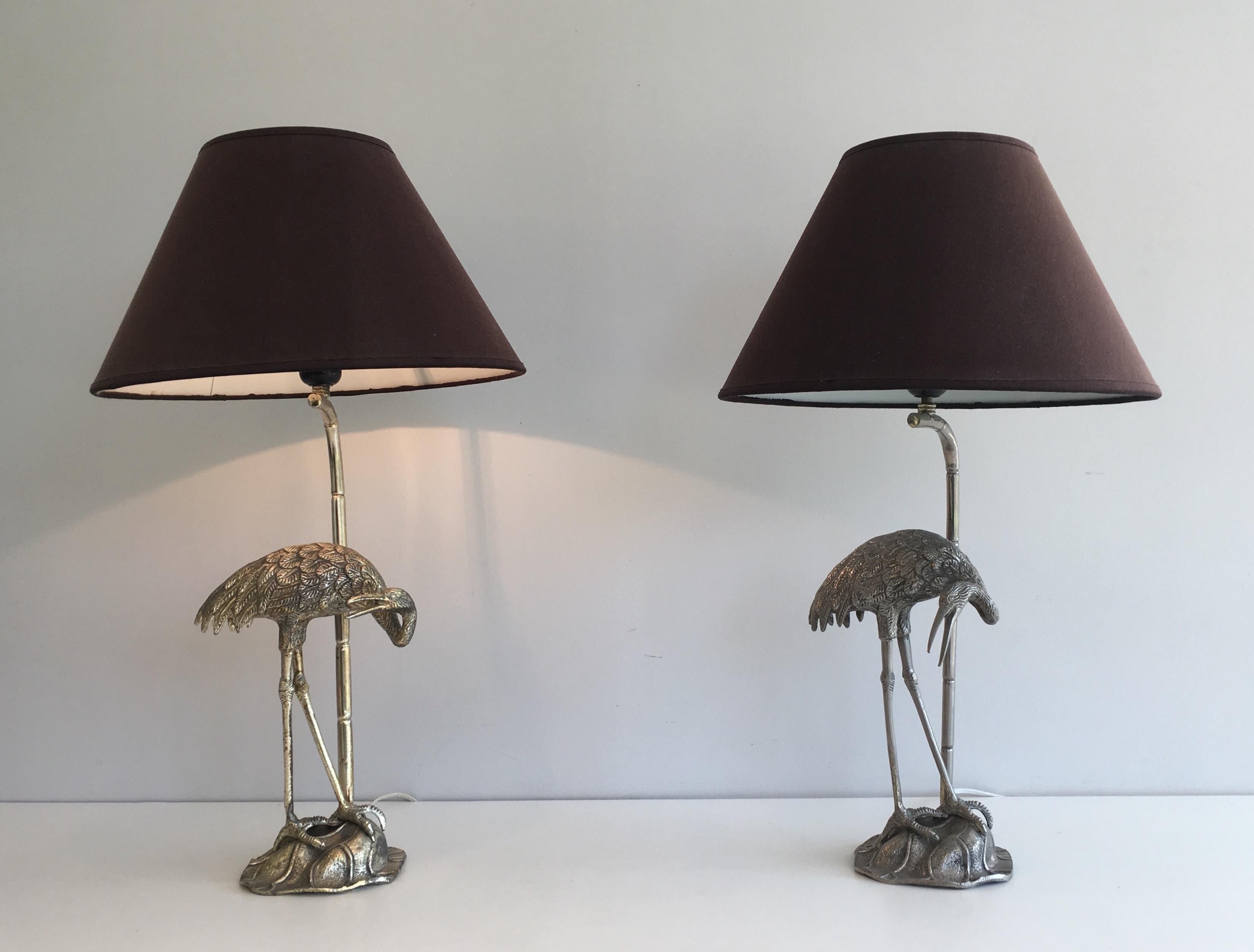 Mid-20th Century Pair of Silvered Herons Table Lamps. French work by Maison Bagués. Circa 1940