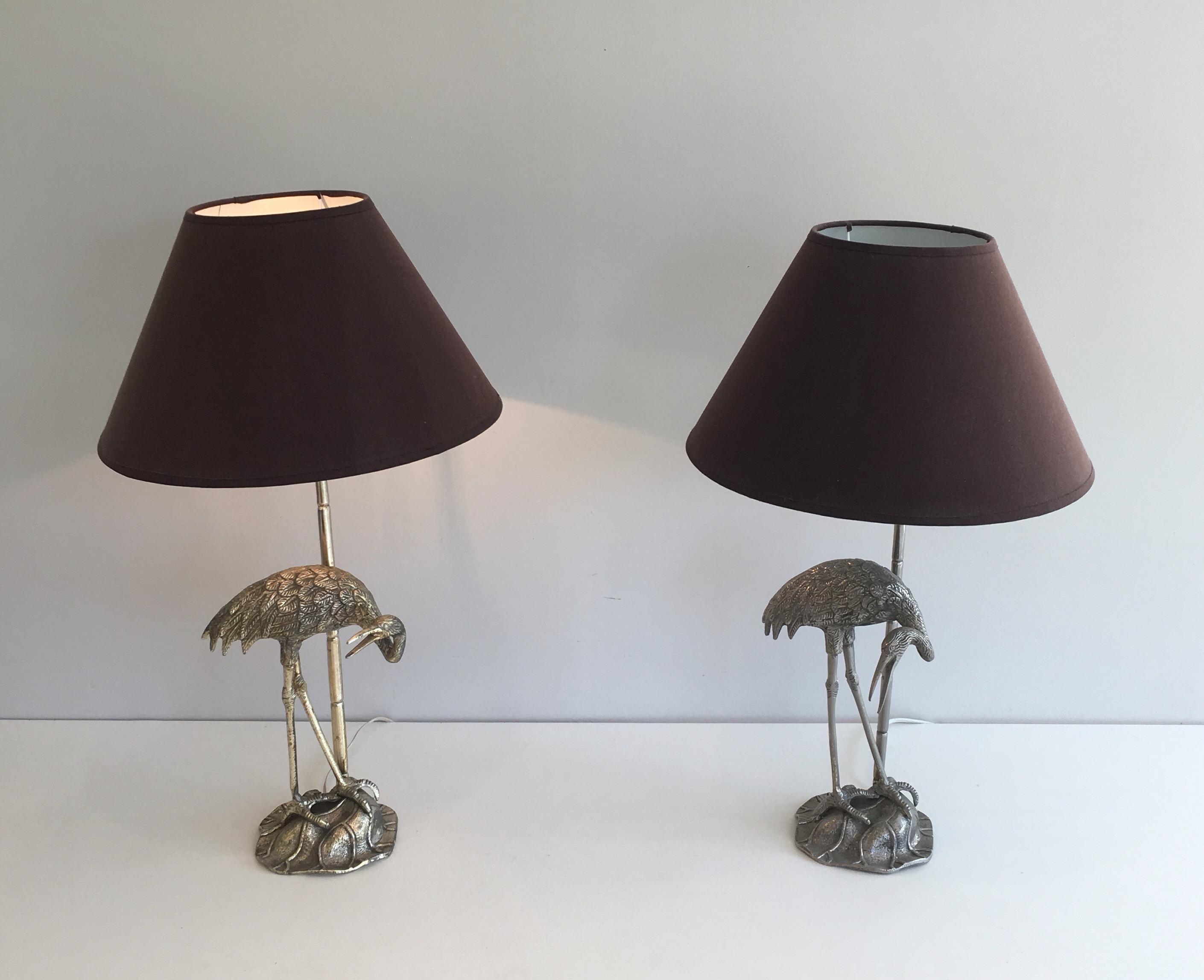 Metal Pair of Silvered Herons Table Lamps. French work by Maison Bagués. Circa 1940