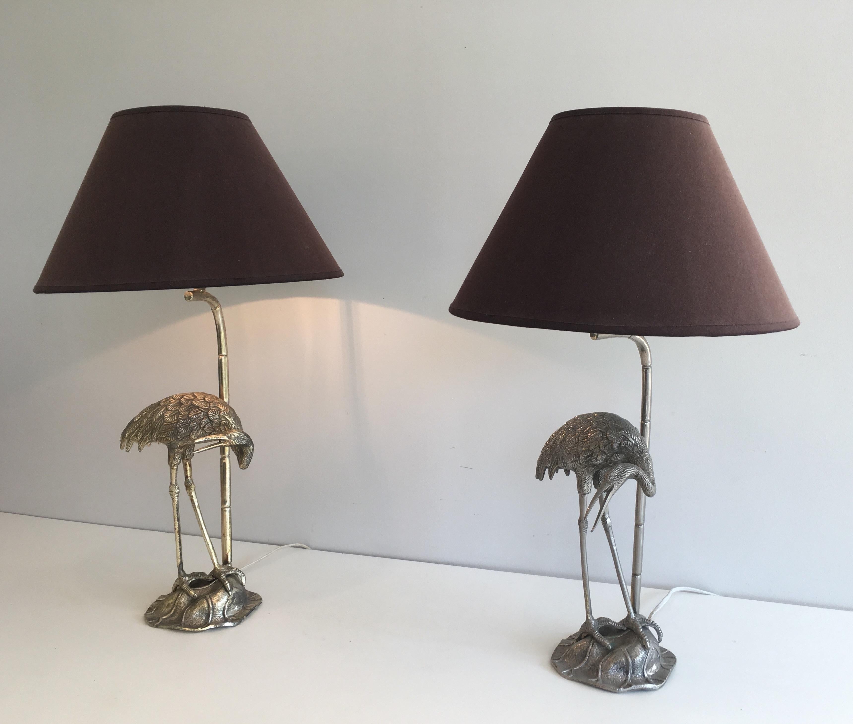 Pair of Silvered Herons Table Lamps. French work by Maison Bagués. Circa 1940 1